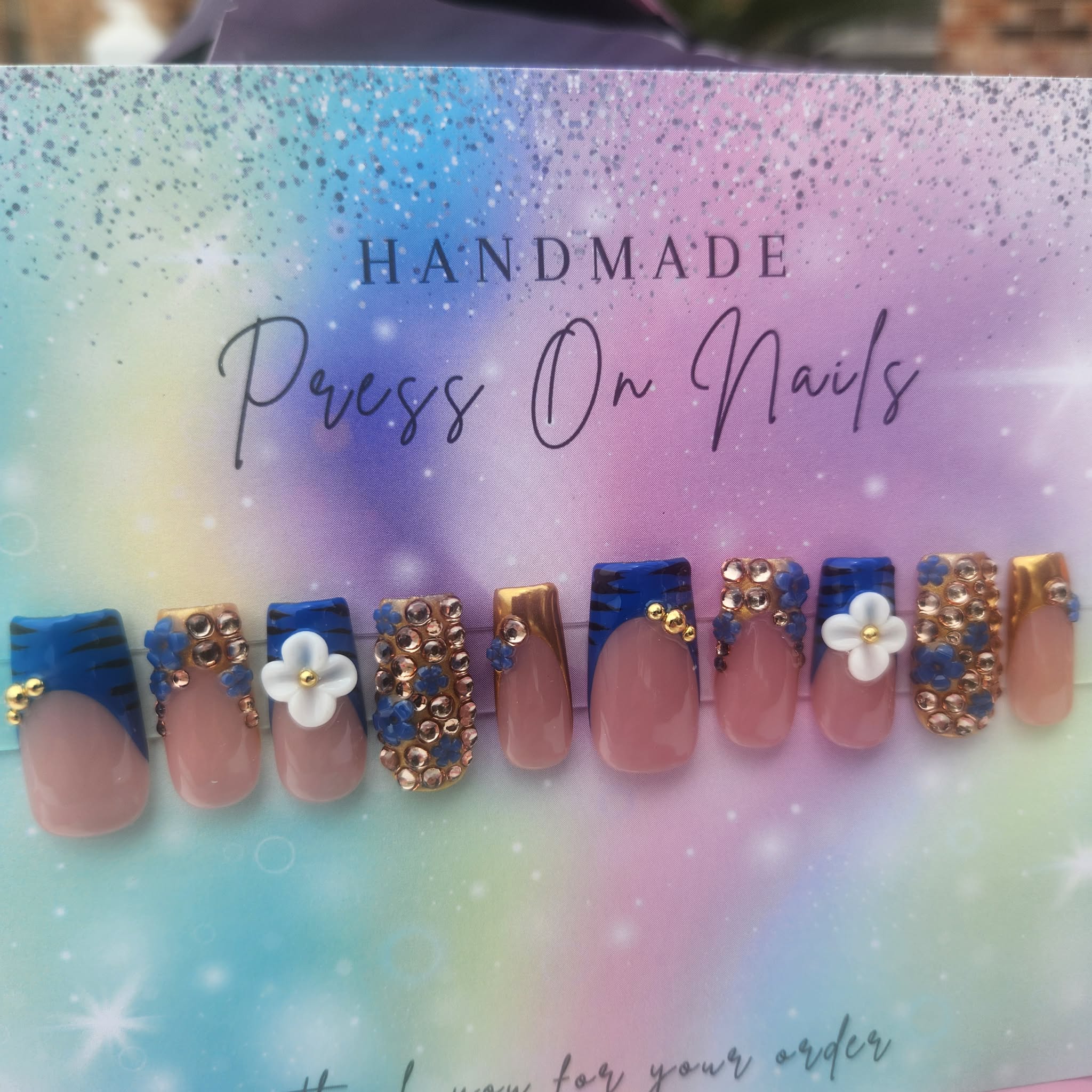 blue French tip gold beads rhinestone blue floral  white floral gold chrome press ons