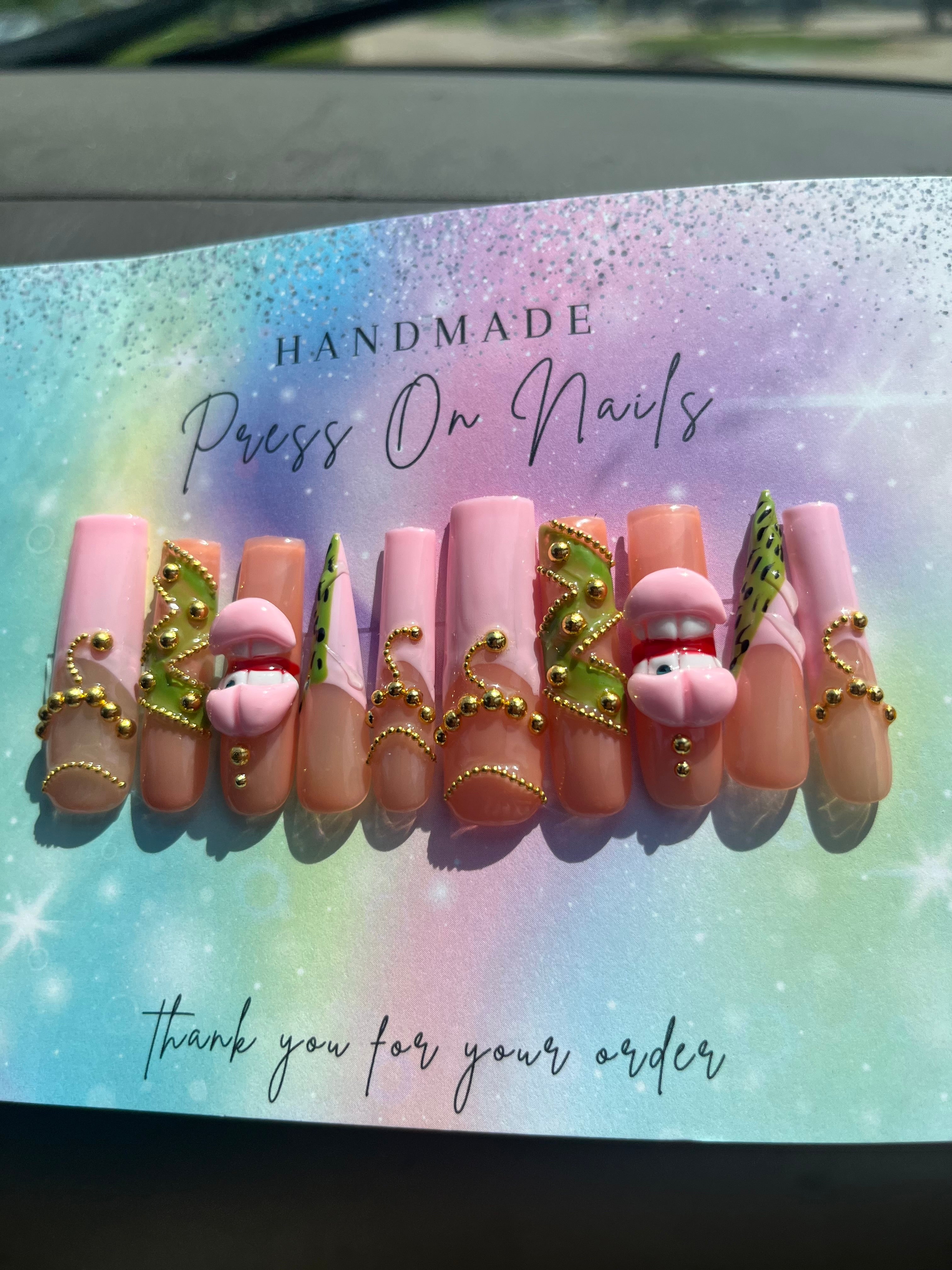 XXL baby pink green square shape stiletto 3d mouth gold bead press ons