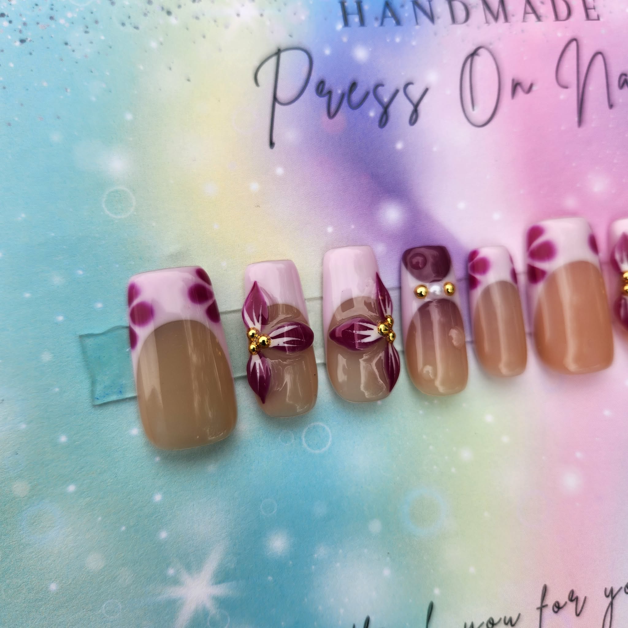 lilac purple floral gold beads press ons