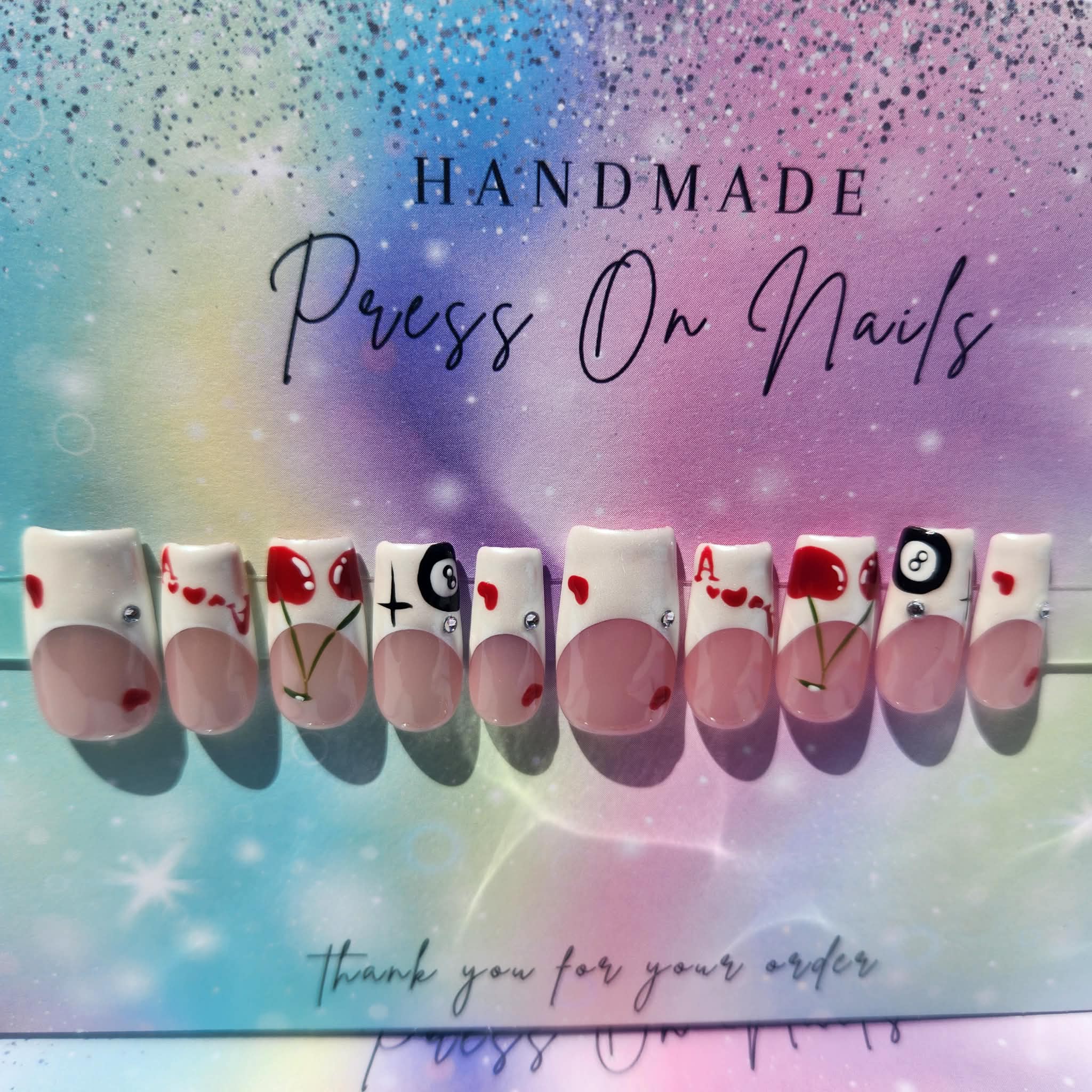 Shimmer white French tip heart A cherry 8ball press ons