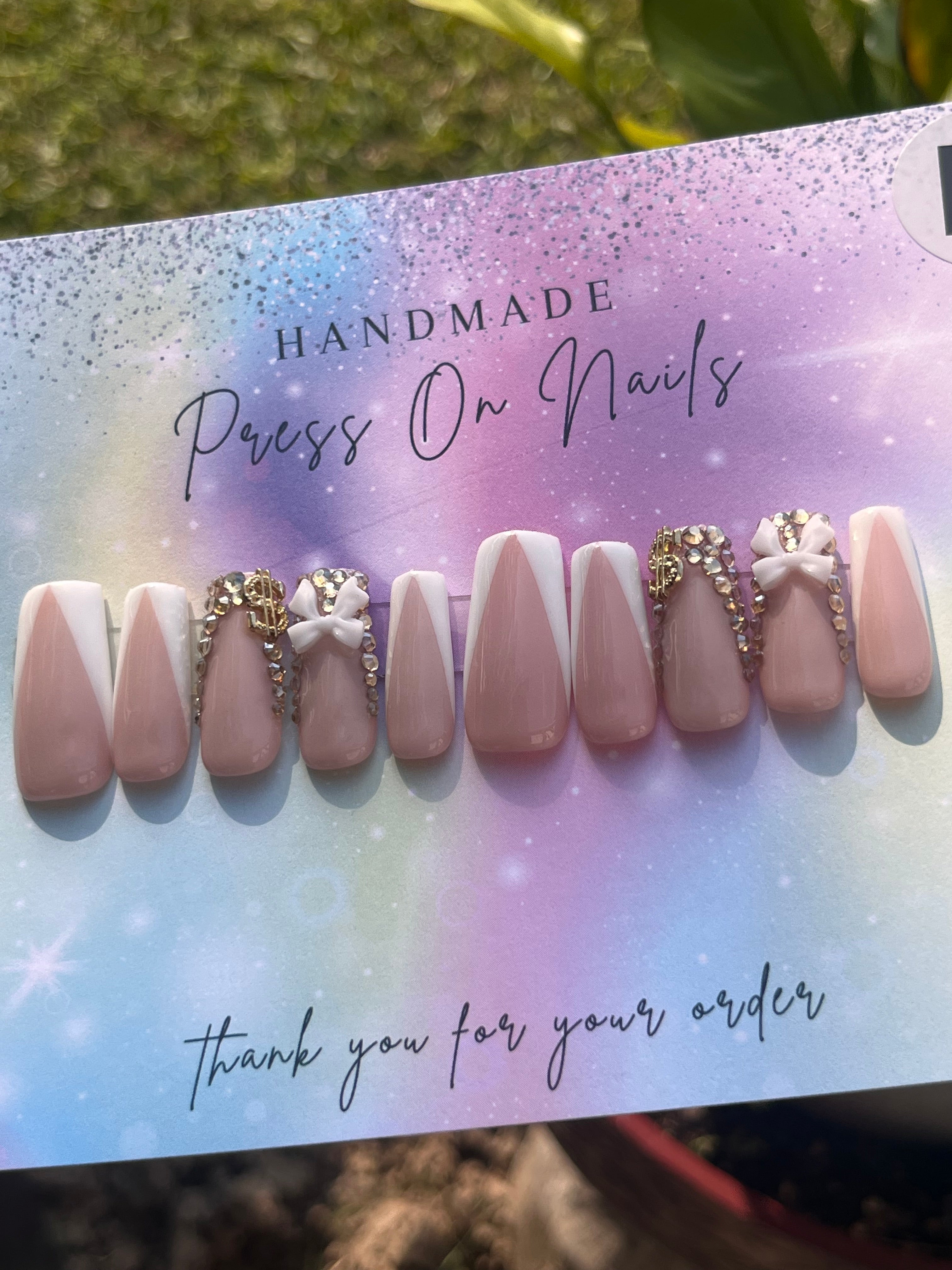 White French tip, gold rhinestone, white bow, money sign press ons