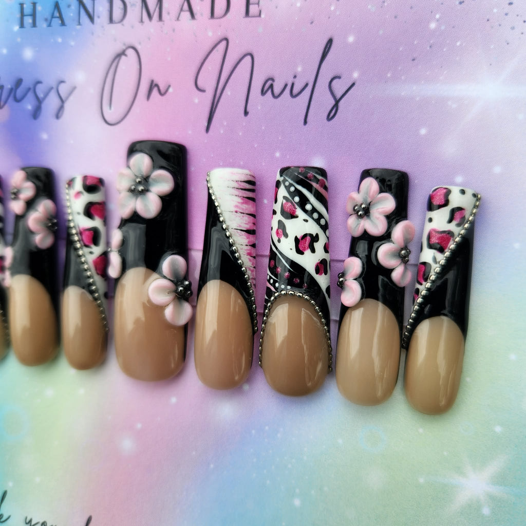 xxl black French tip pink 3d floral pink zebra leopard print silver bead press ons