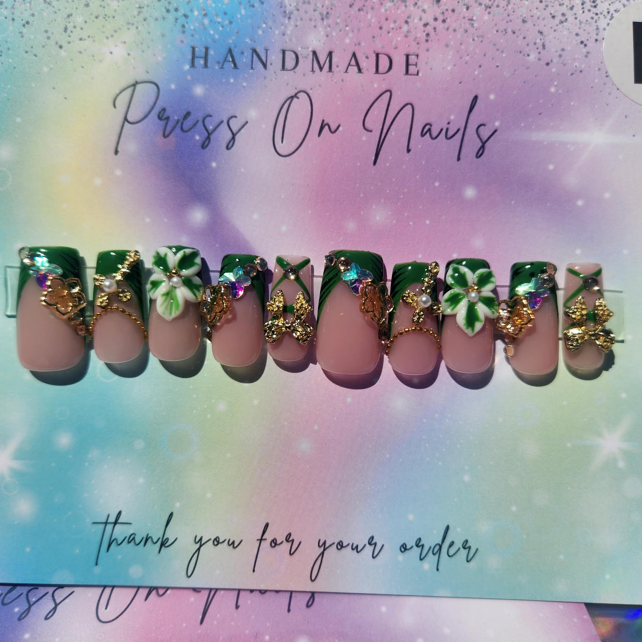 Green French tip rhinestone flower, crossbow, 3-D floral butterfly press ons