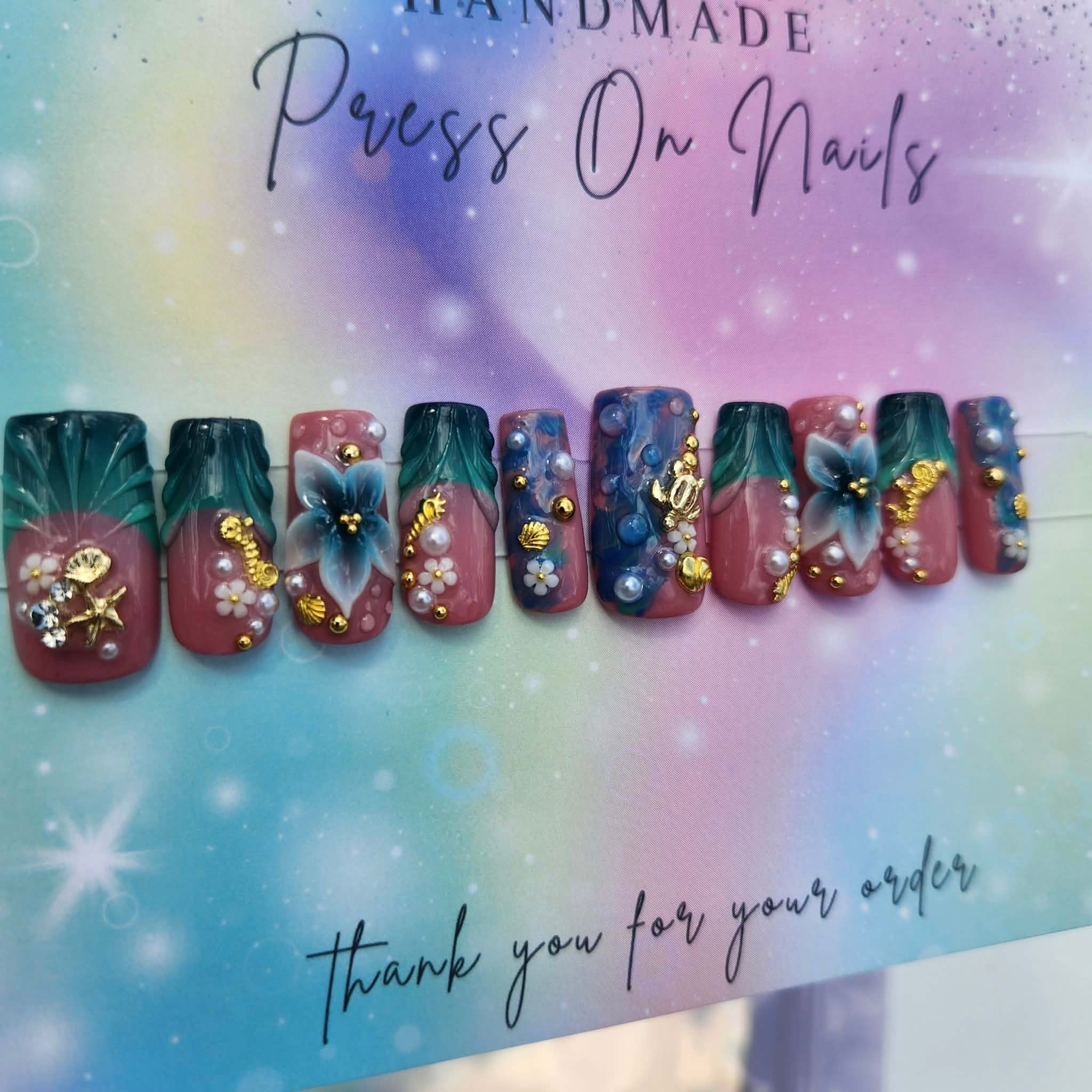 teal blue French tip floral ocean press ons