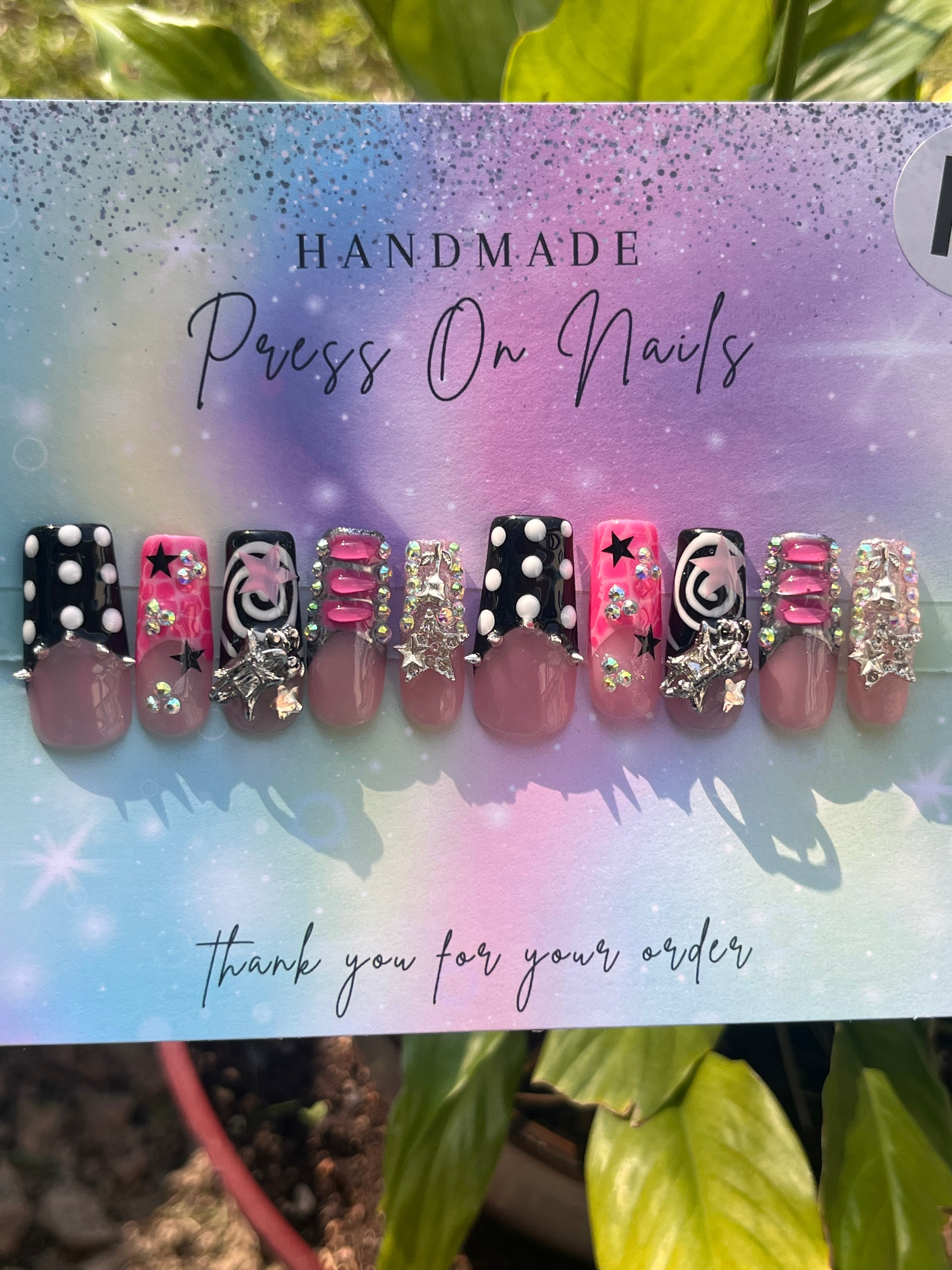 Black white polka dot pink French tip swirl pink star rhinestone press ons