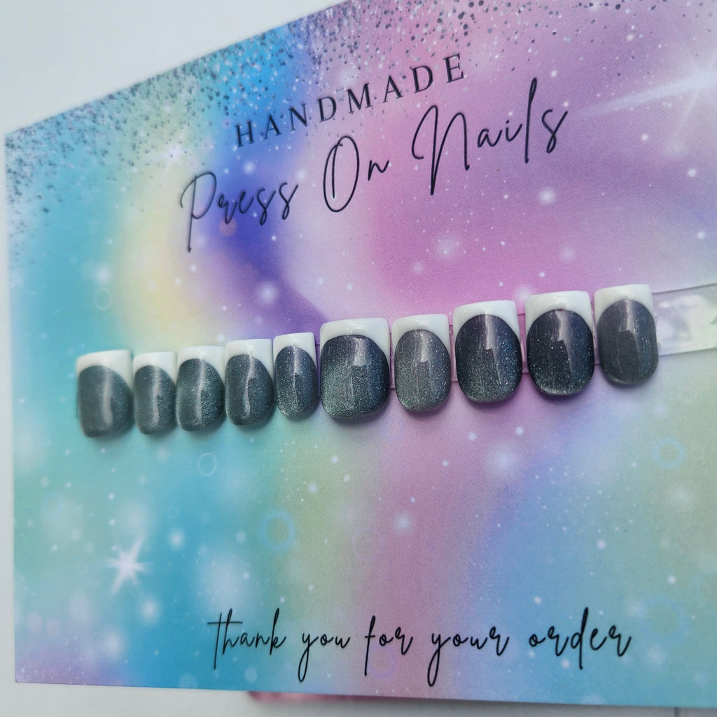 square shape white French tip cat eye grey glitter press ons