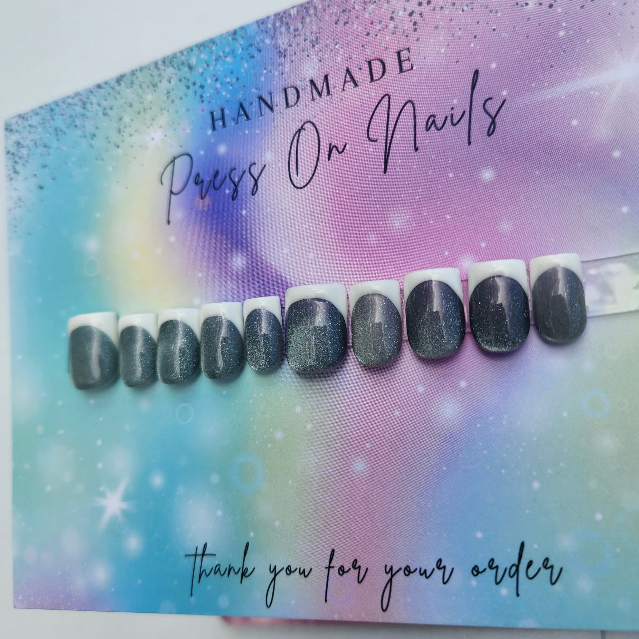 square shape white French tip cat eye grey glitter press ons