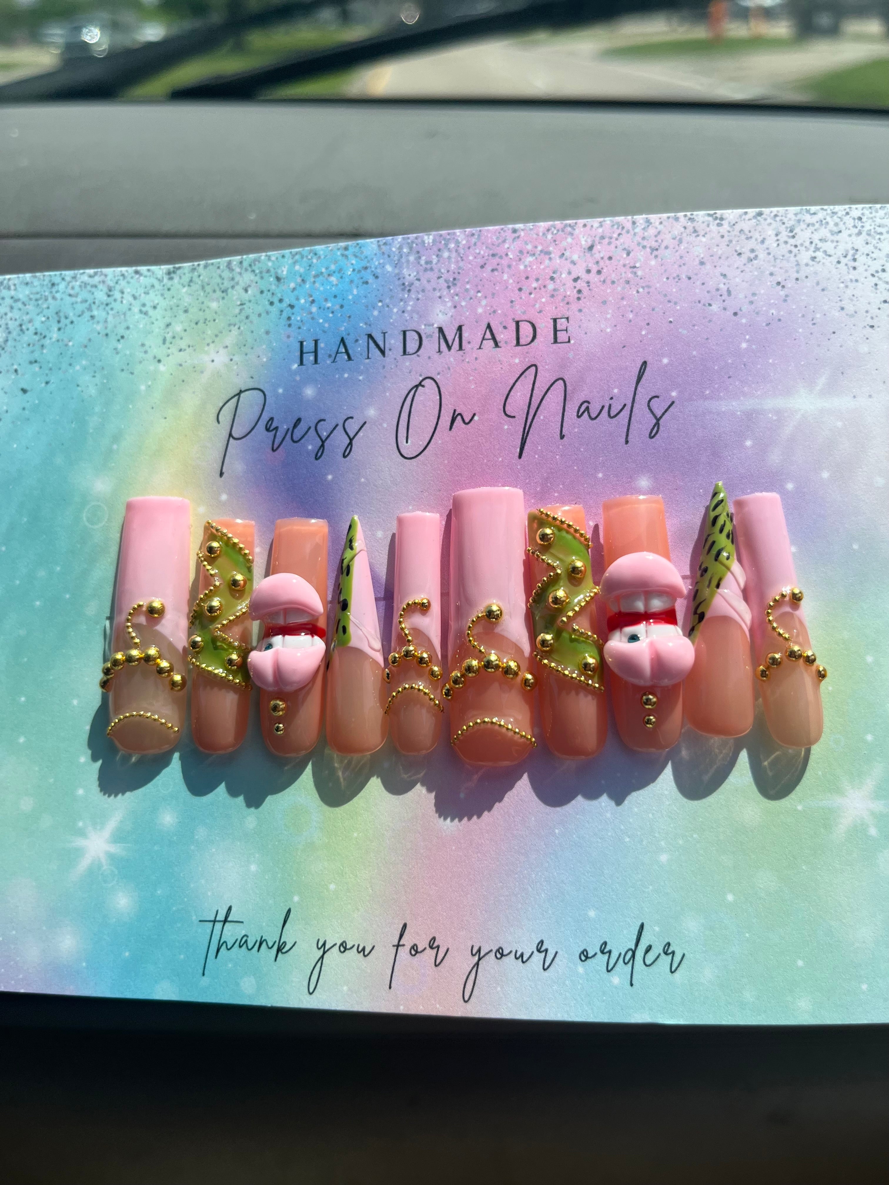 XXL baby pink green square shape stiletto 3d mouth gold bead press ons