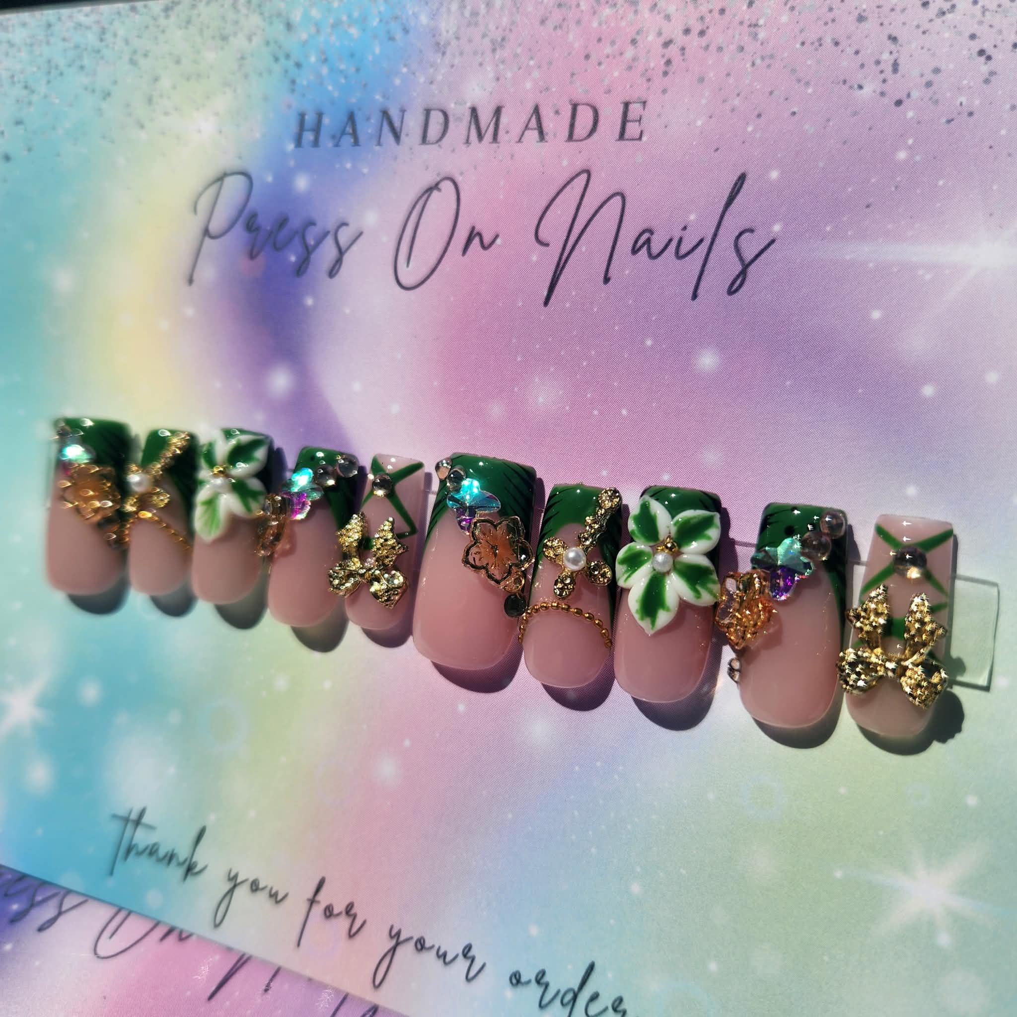 Green French tip rhinestone flower, crossbow, 3-D floral butterfly press ons
