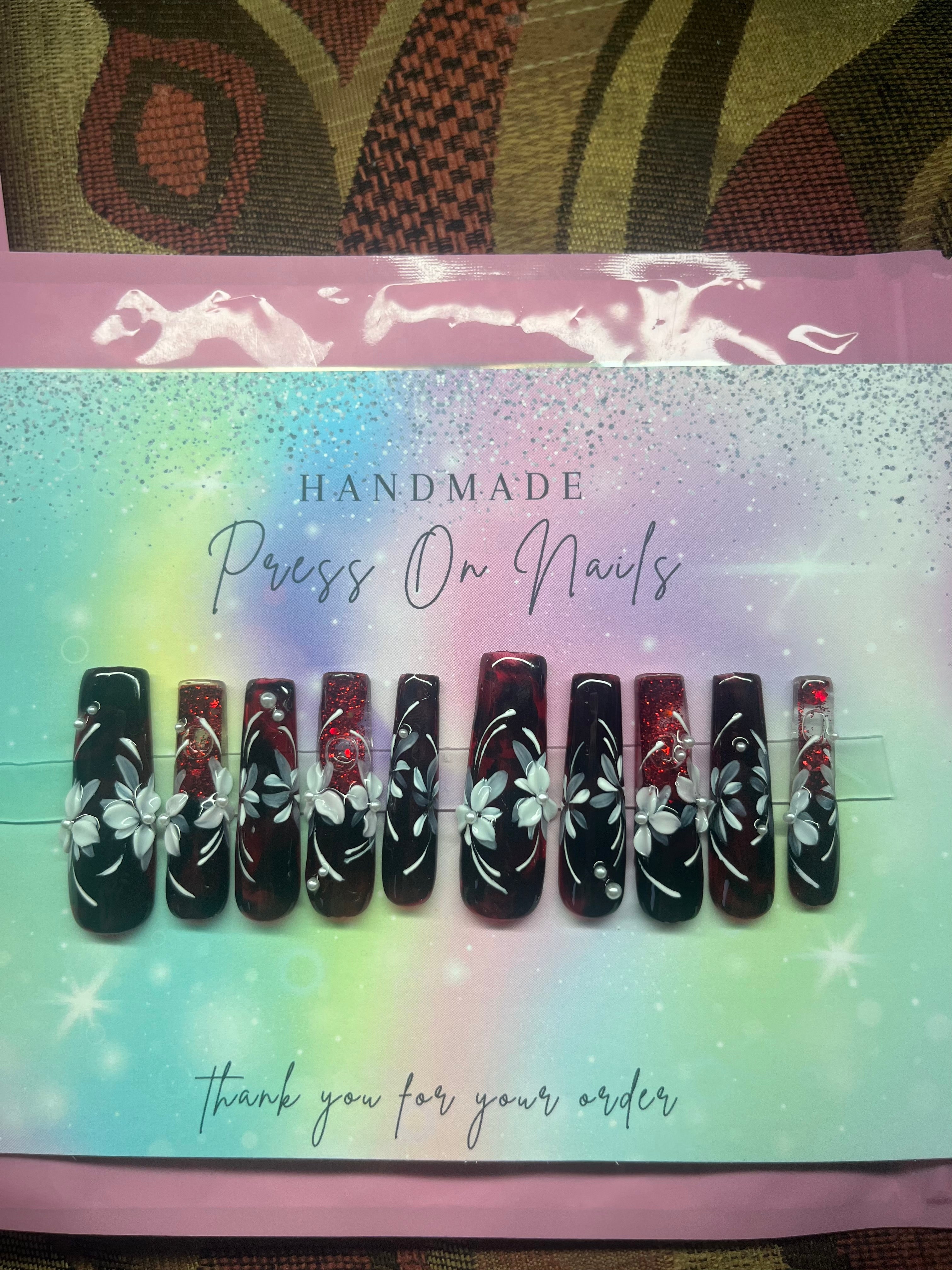Xxl ruby red black DIY glitter moving aqua press on nails