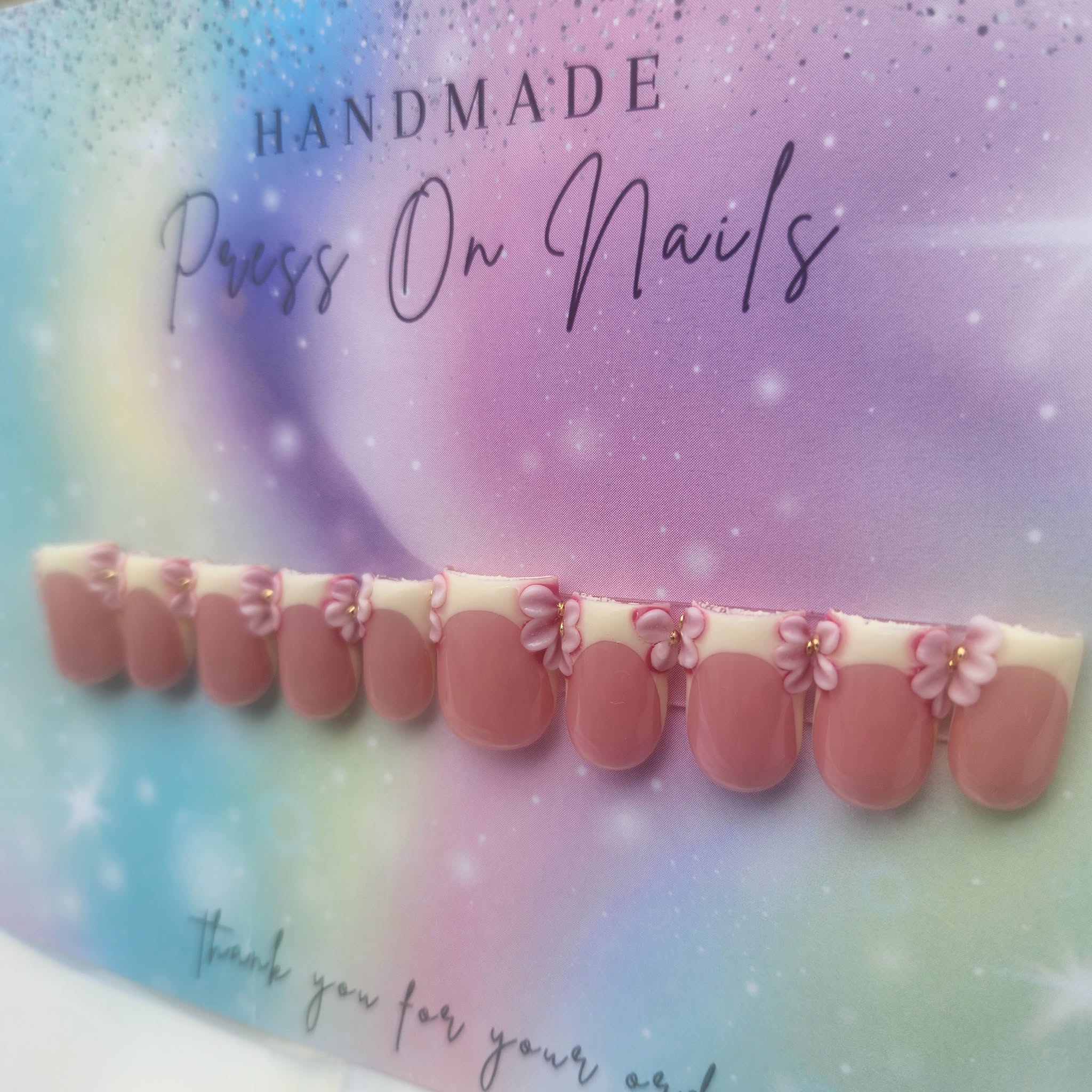 short square shape yellow French with pink 3d floral press ons