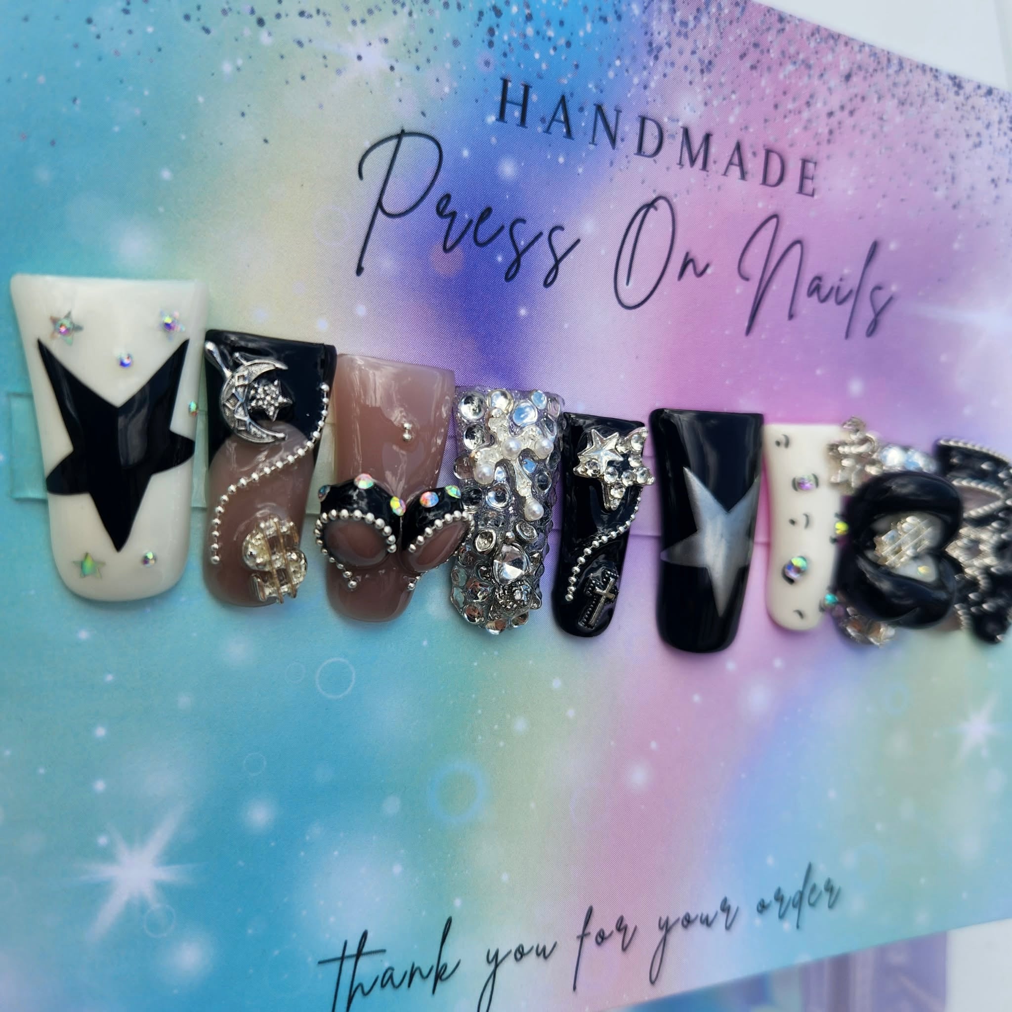 long duck shape white black silver big star body decal mouth press ons