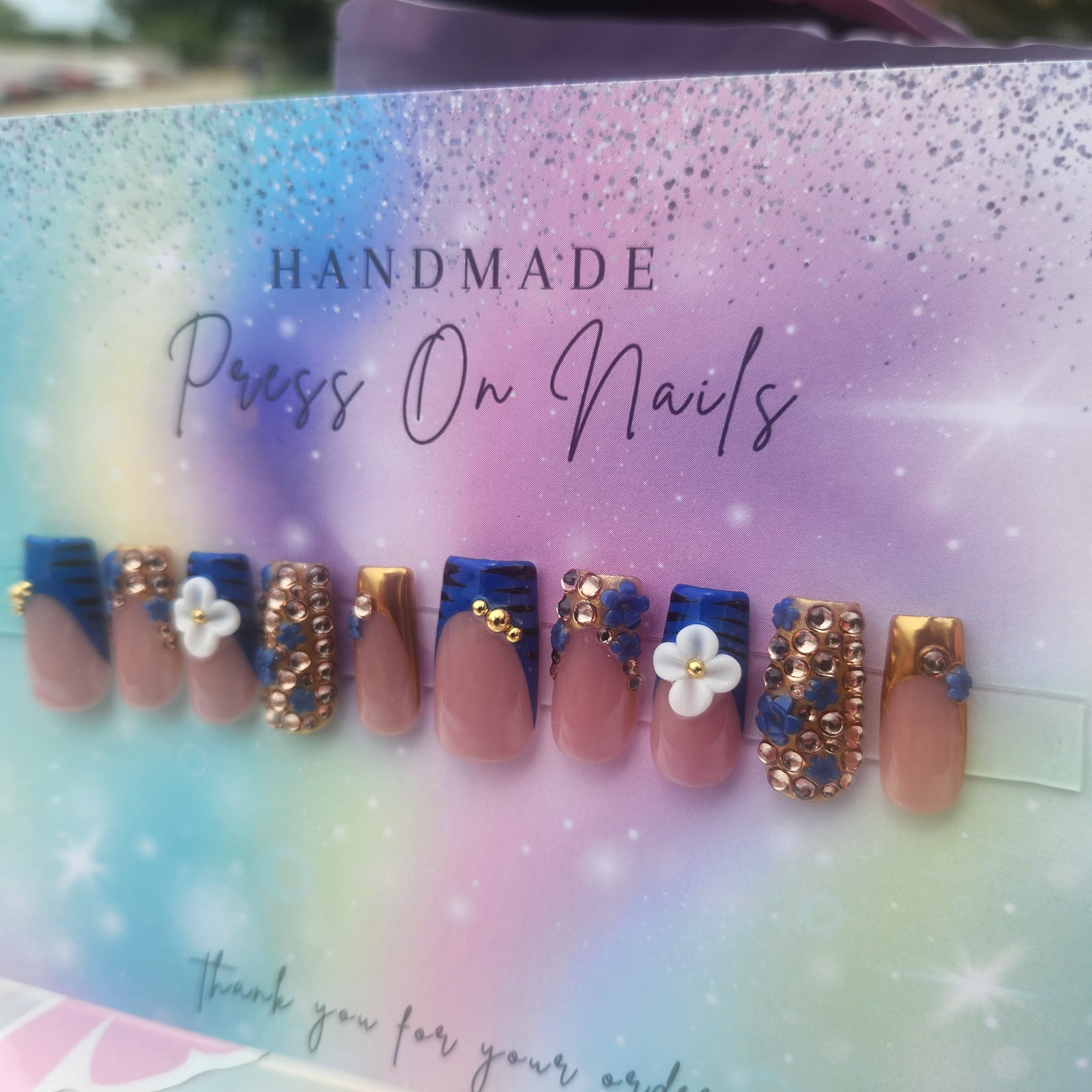 blue French tip gold beads rhinestone blue floral  white floral gold chrome press ons