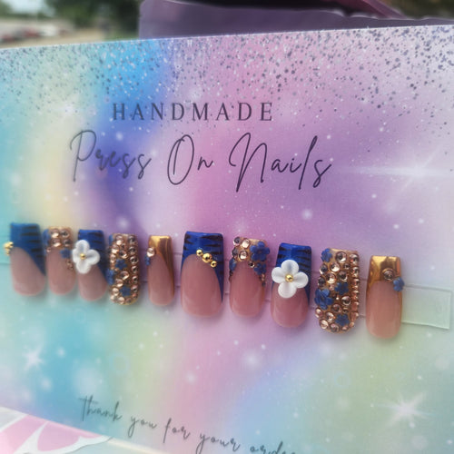 blue French tip gold beads rhinestone blue floral  white floral gold chrome press ons