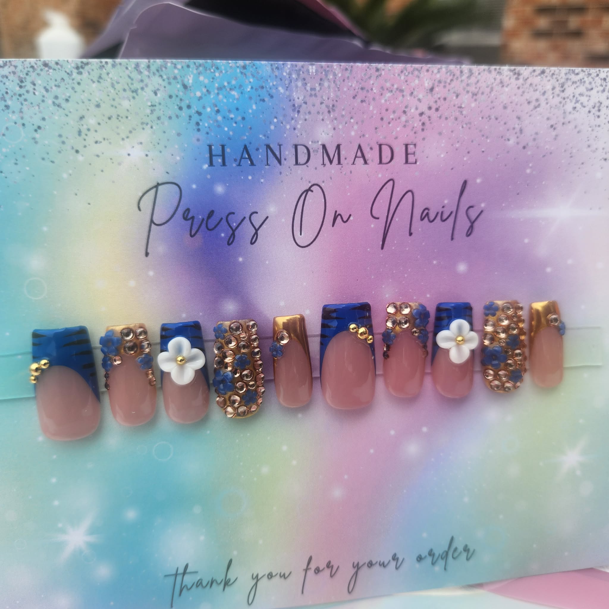 blue French tip gold beads rhinestone blue floral  white floral gold chrome press ons