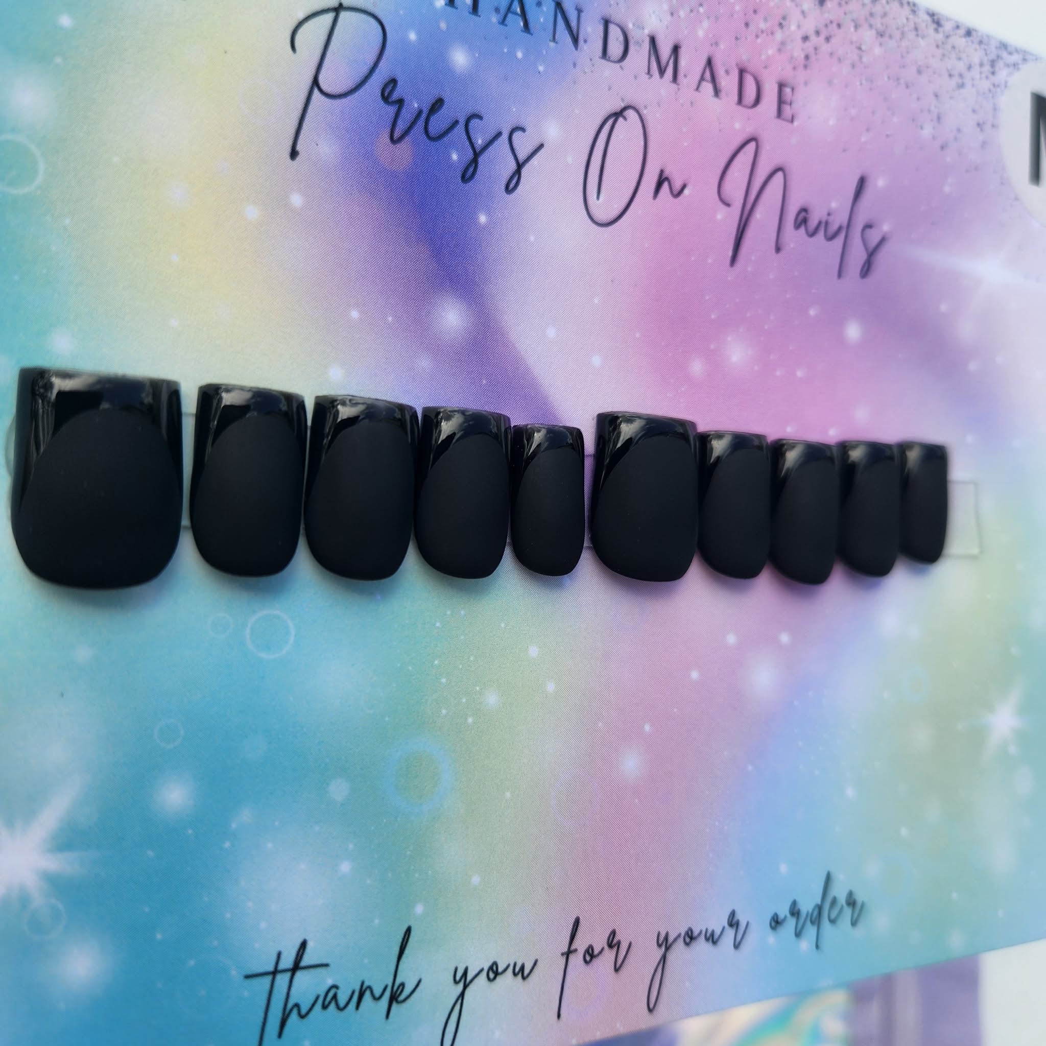 square shape black matte glossy black French tip press ons