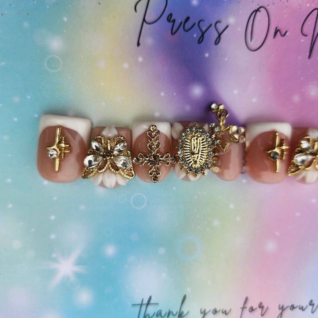 short square shape white French tip gold gem floral press ons