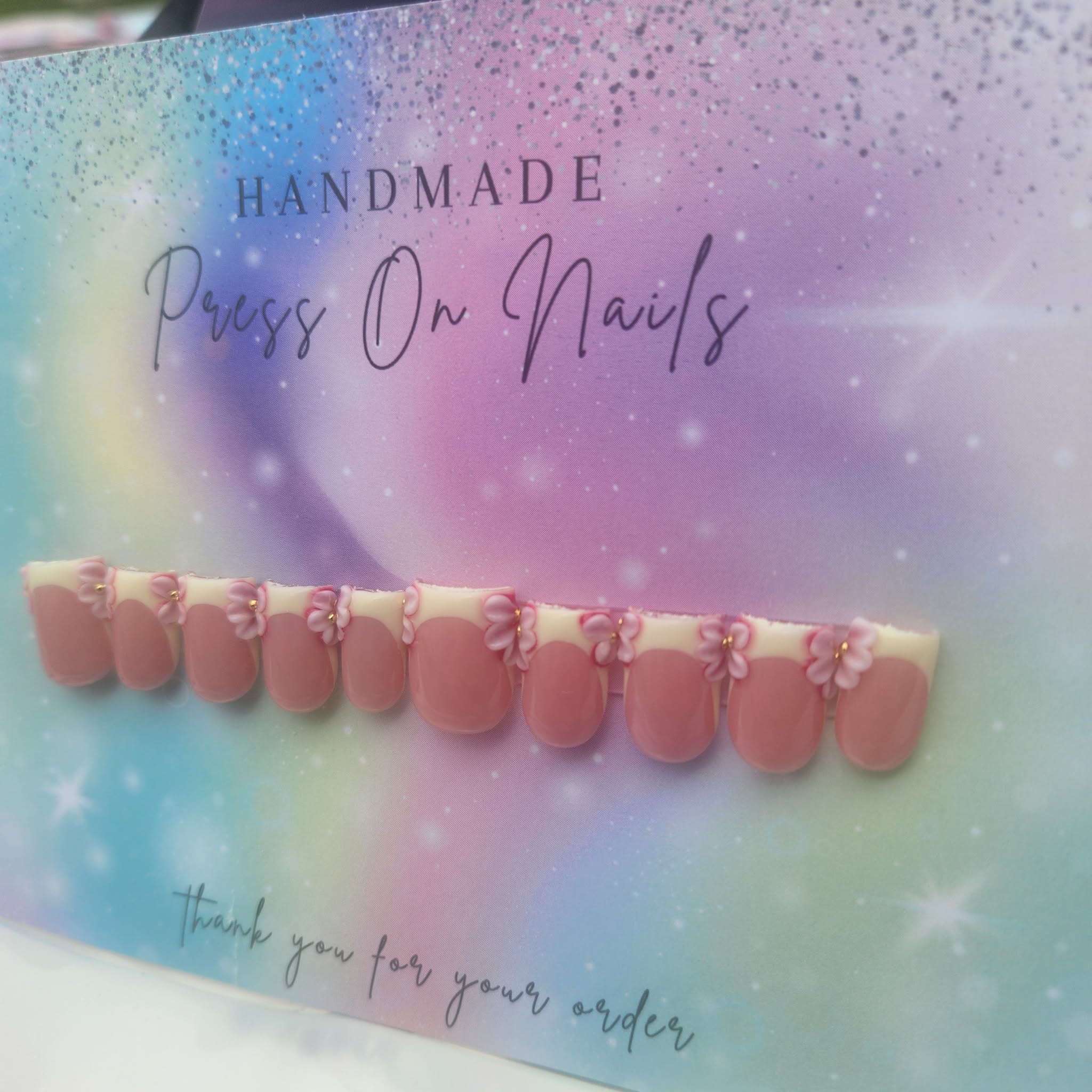 short square shape yellow French with pink 3d floral press ons