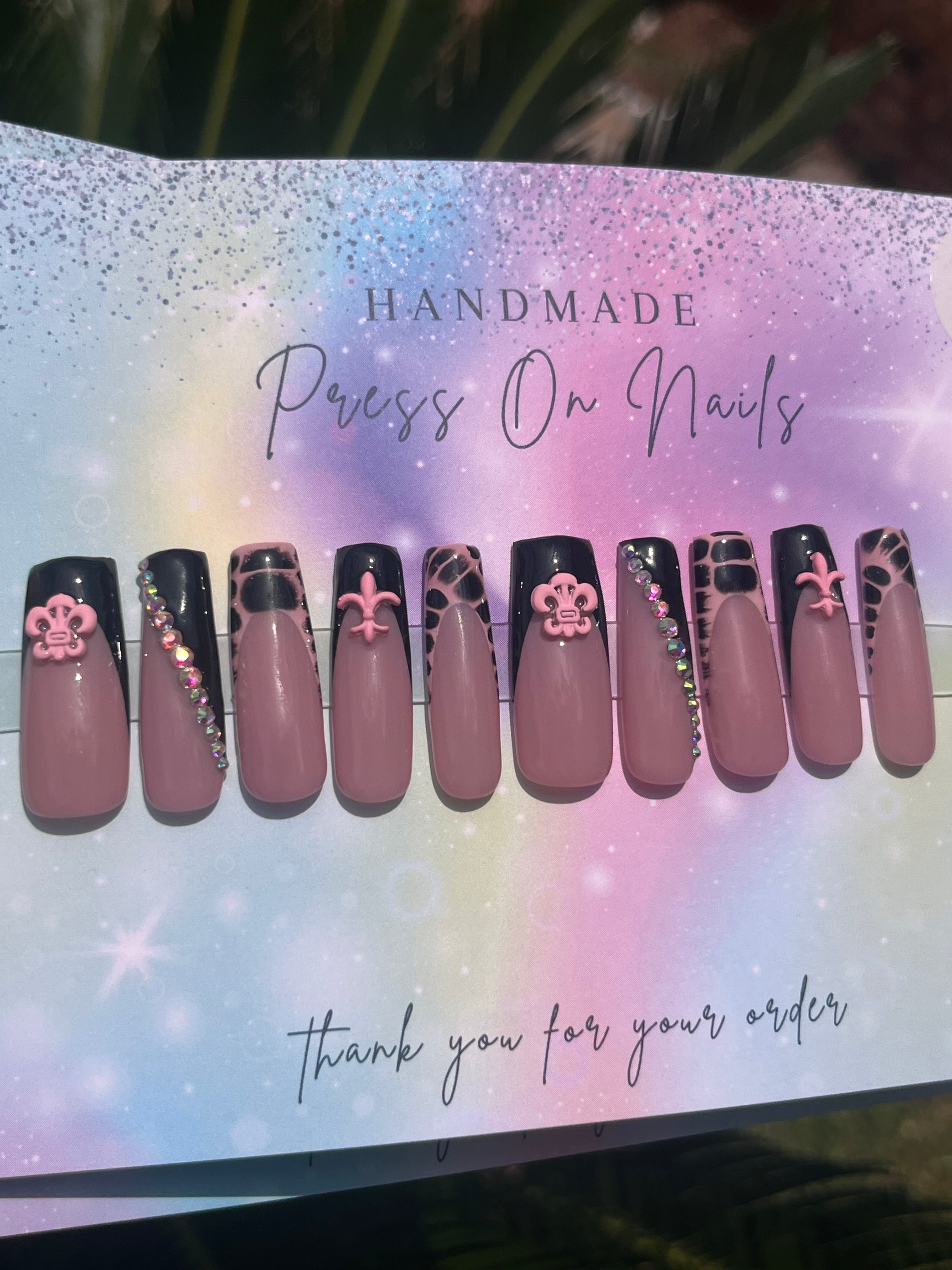 Long white pink bloom French tip pink charm rhinestone press ons