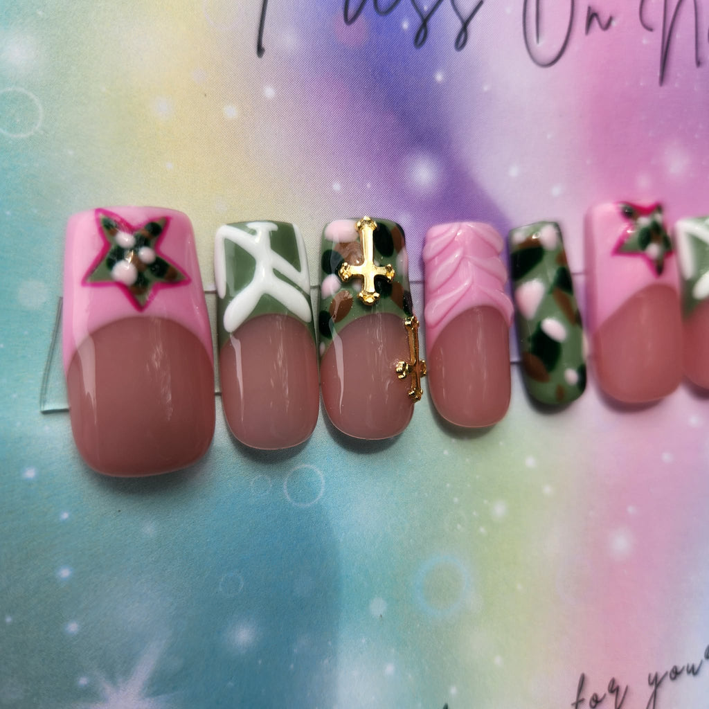 pink green camo French tip gold cross camo star press ons
