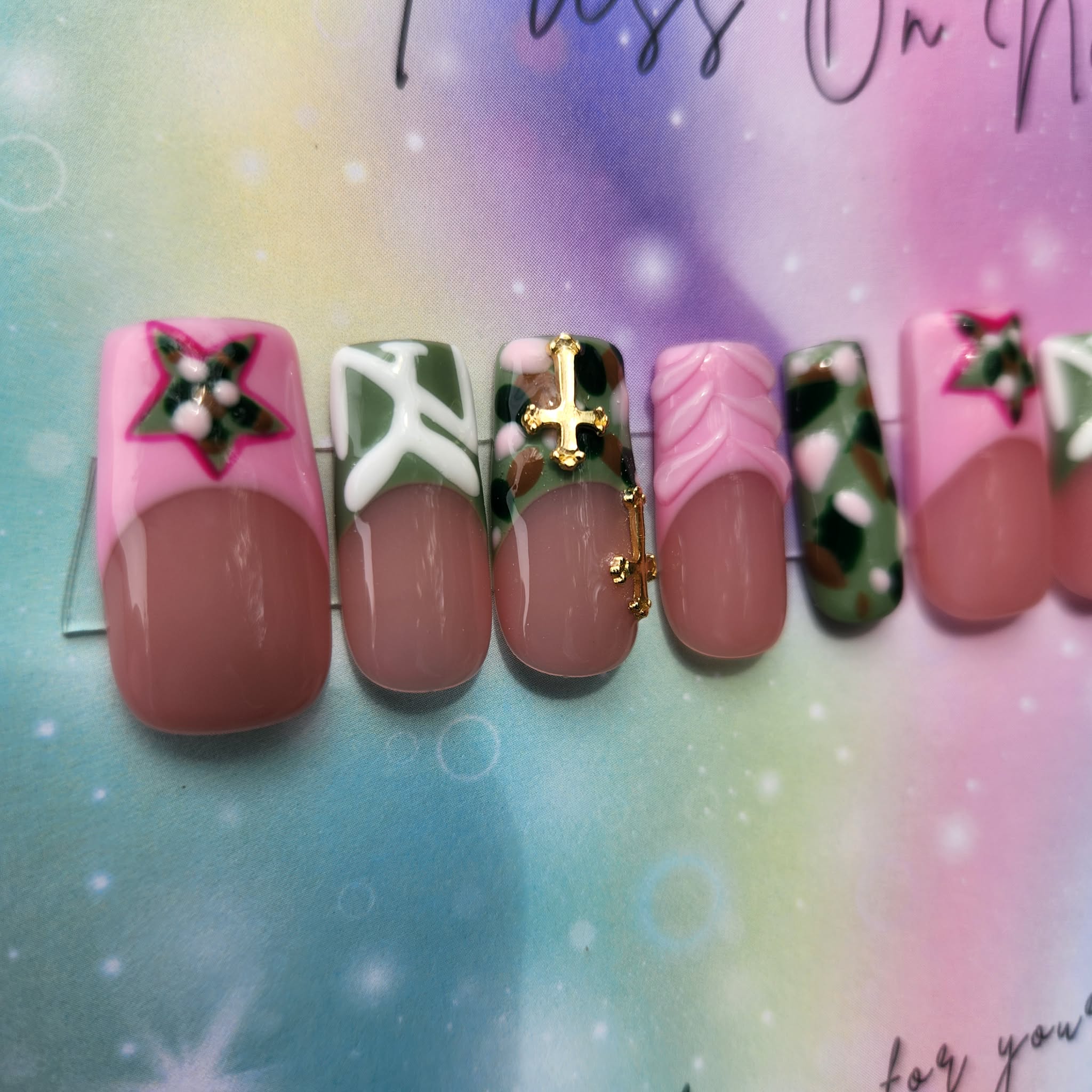 pink green camo French tip gold cross camo star press ons