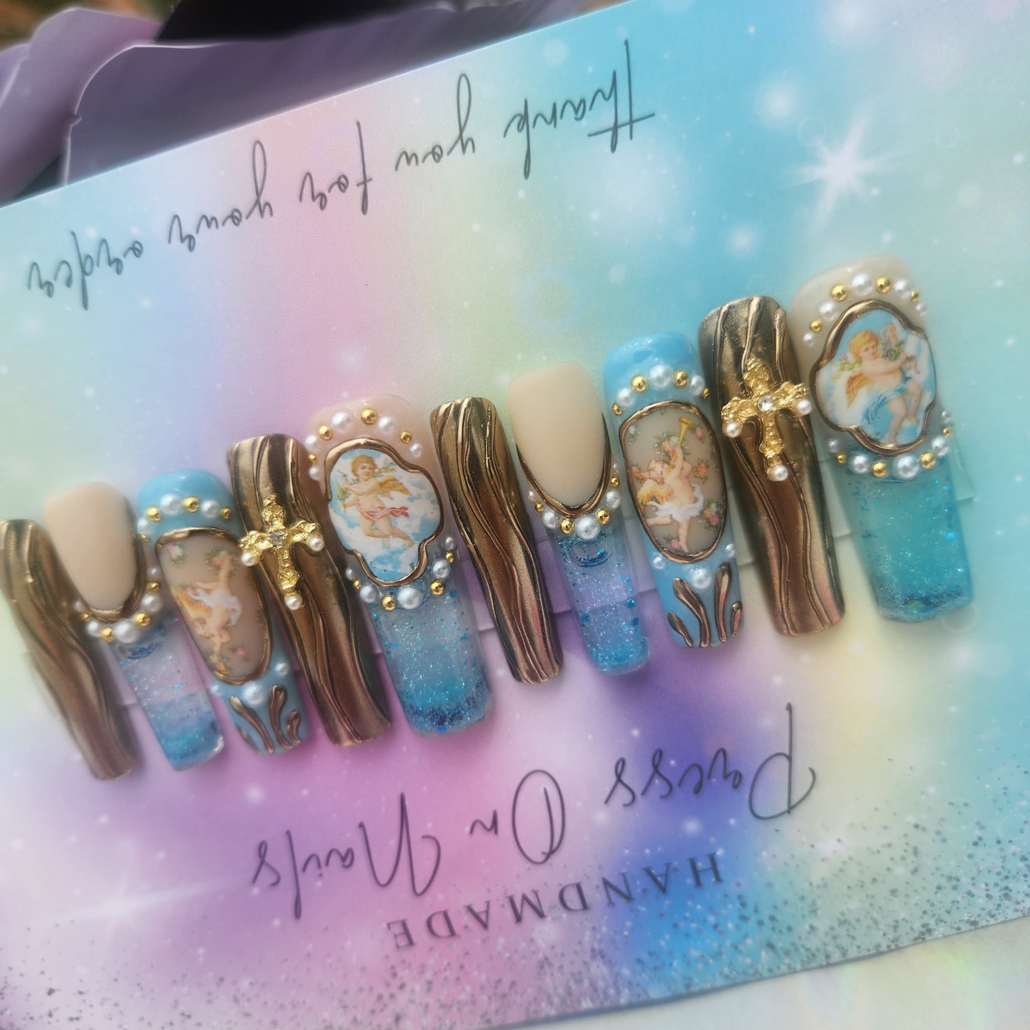 XXL angel baby blue glitter gold chrome aqua nails