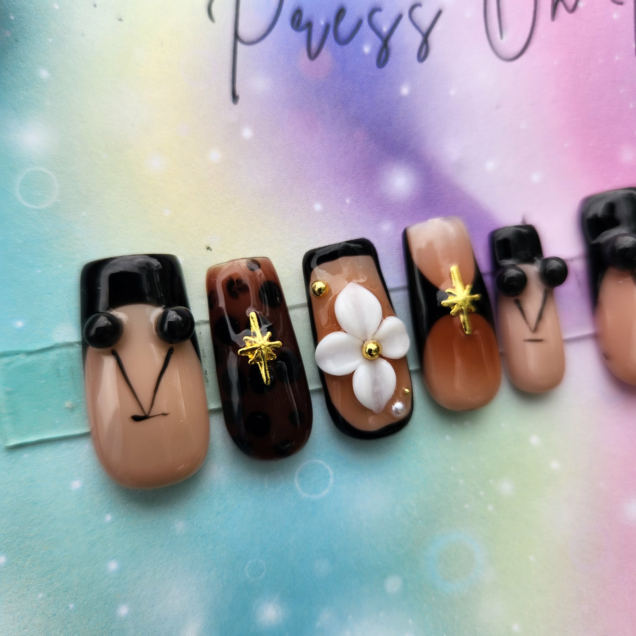 dark brown French tip 3d cherry white floral gold star press ons