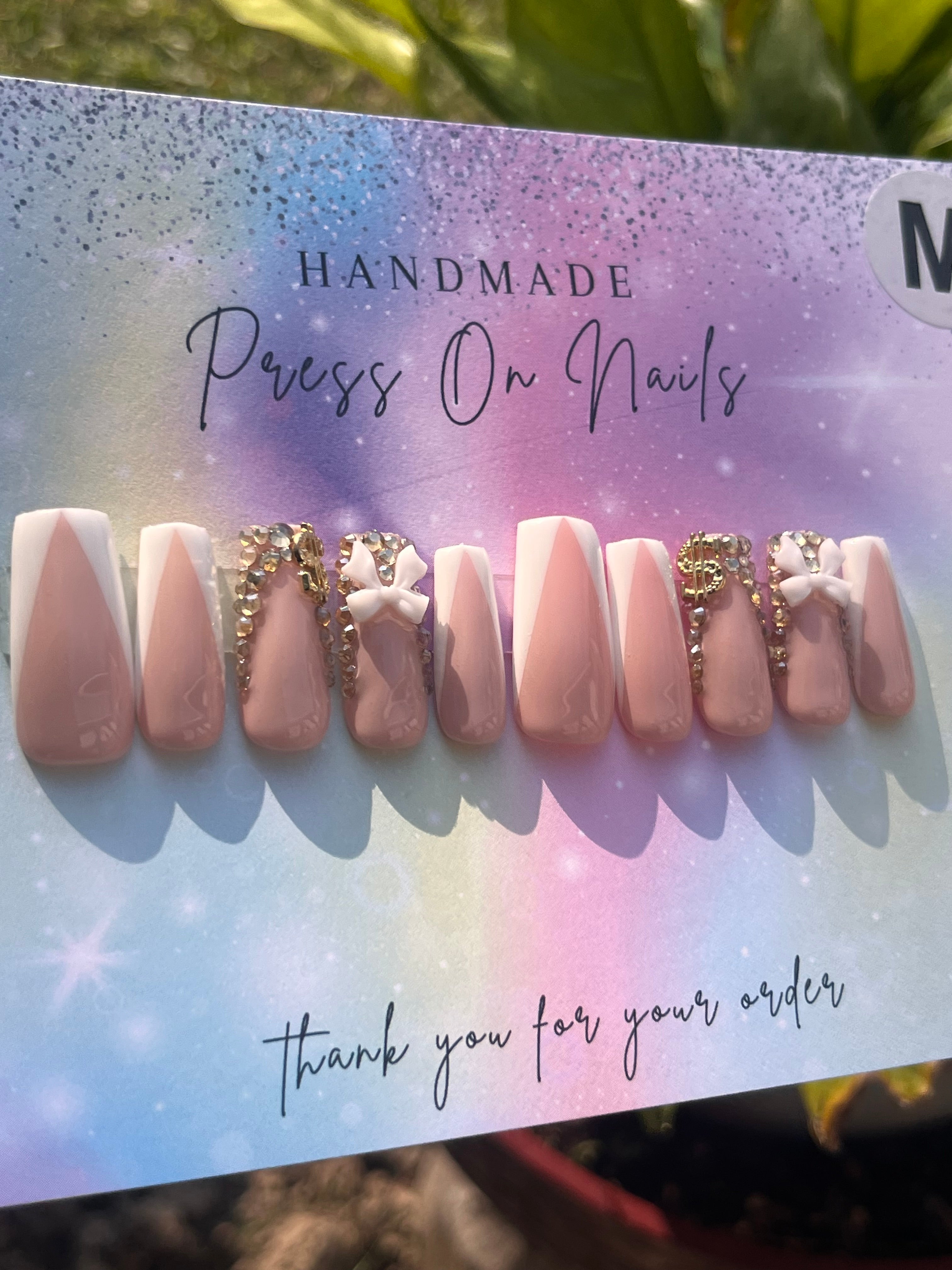 White French tip, gold rhinestone, white bow, money sign press ons