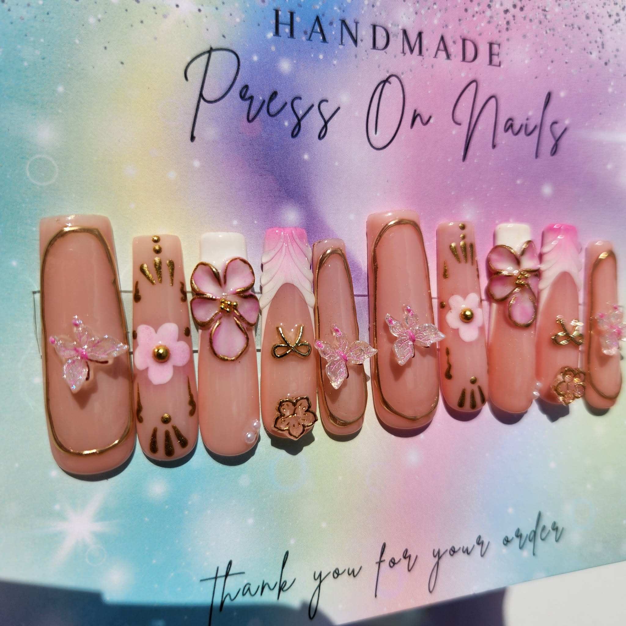 Xxl nude gold chrome pink floral bow butterfly press ons