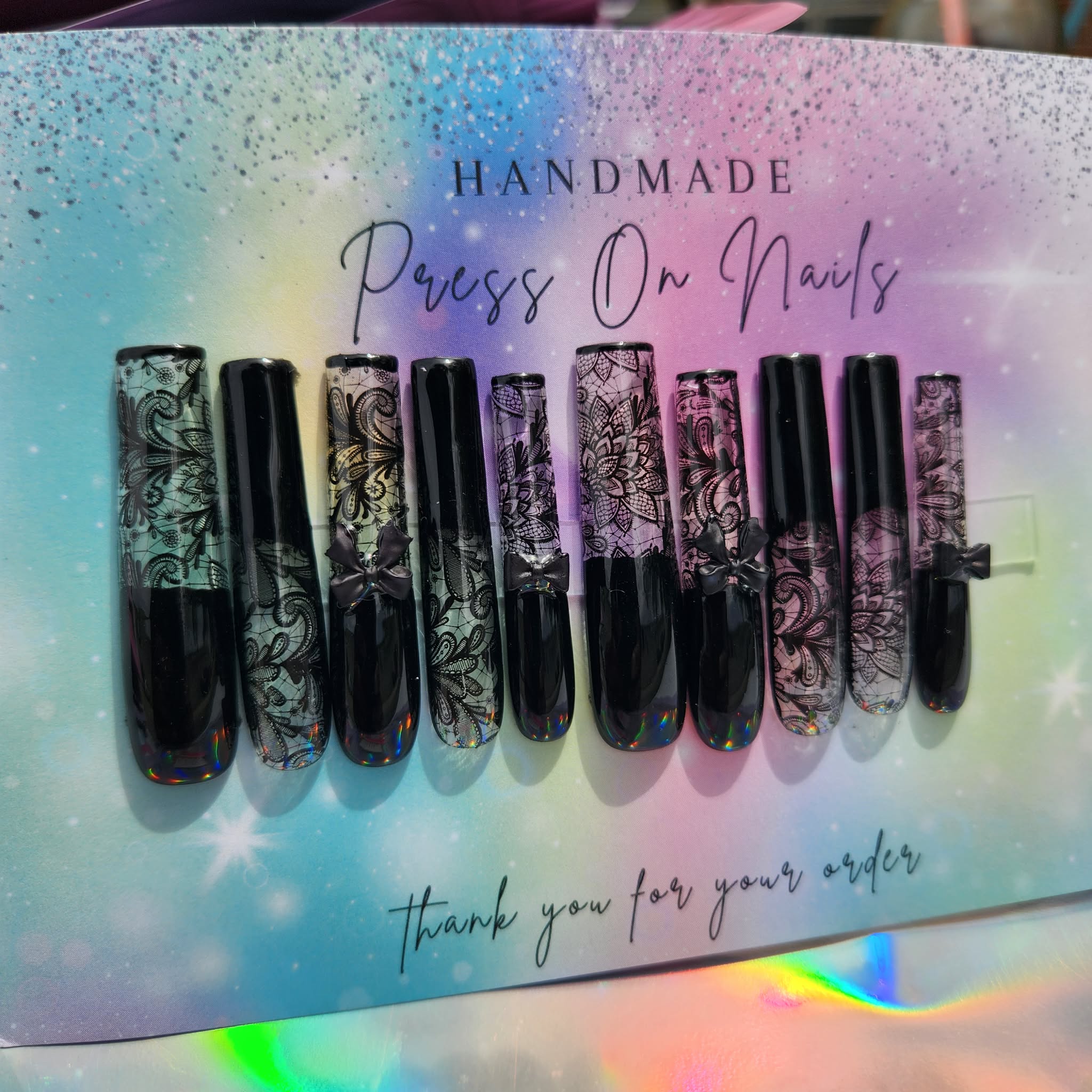 xxxl black lace bow press ons