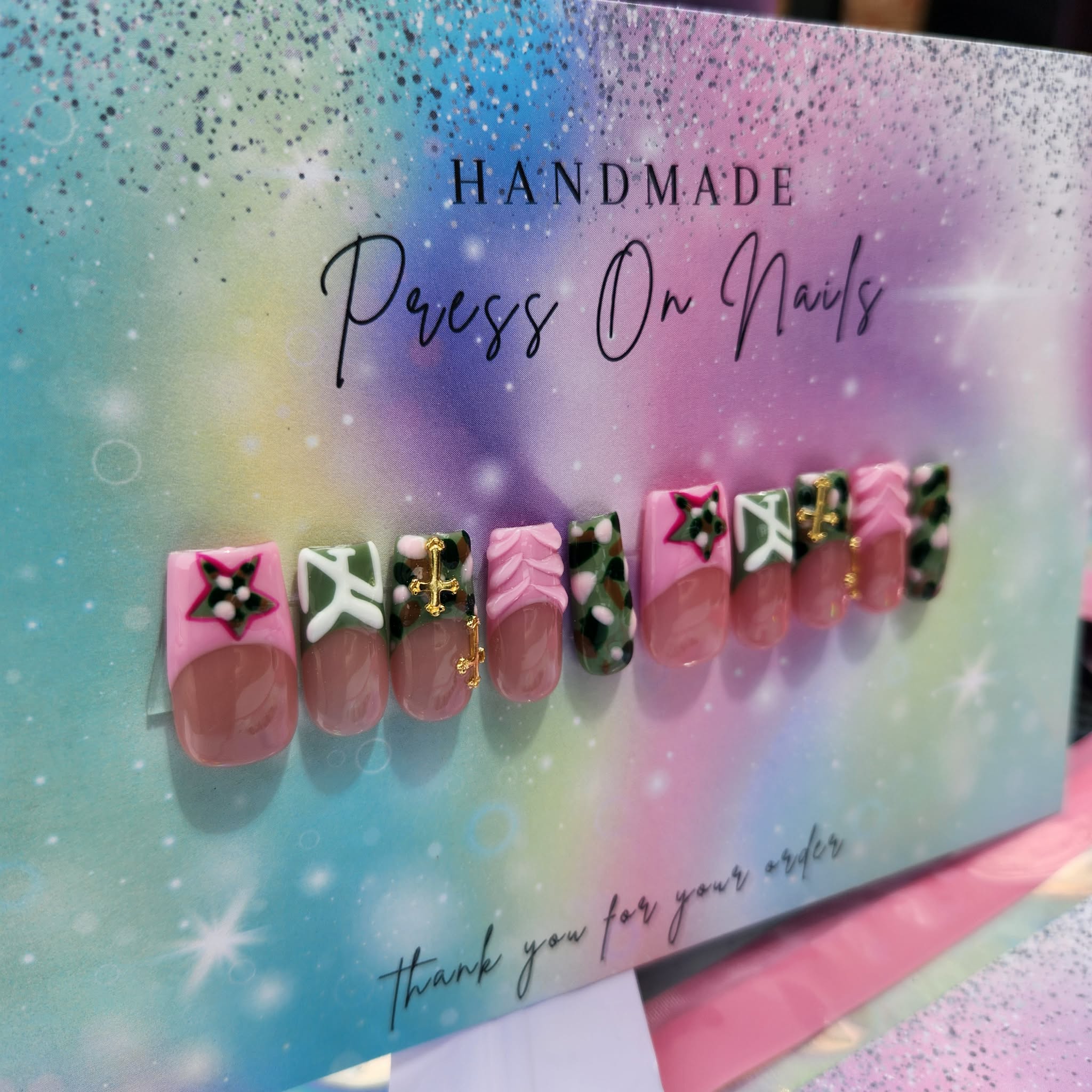 pink green camo French tip gold cross camo star press ons