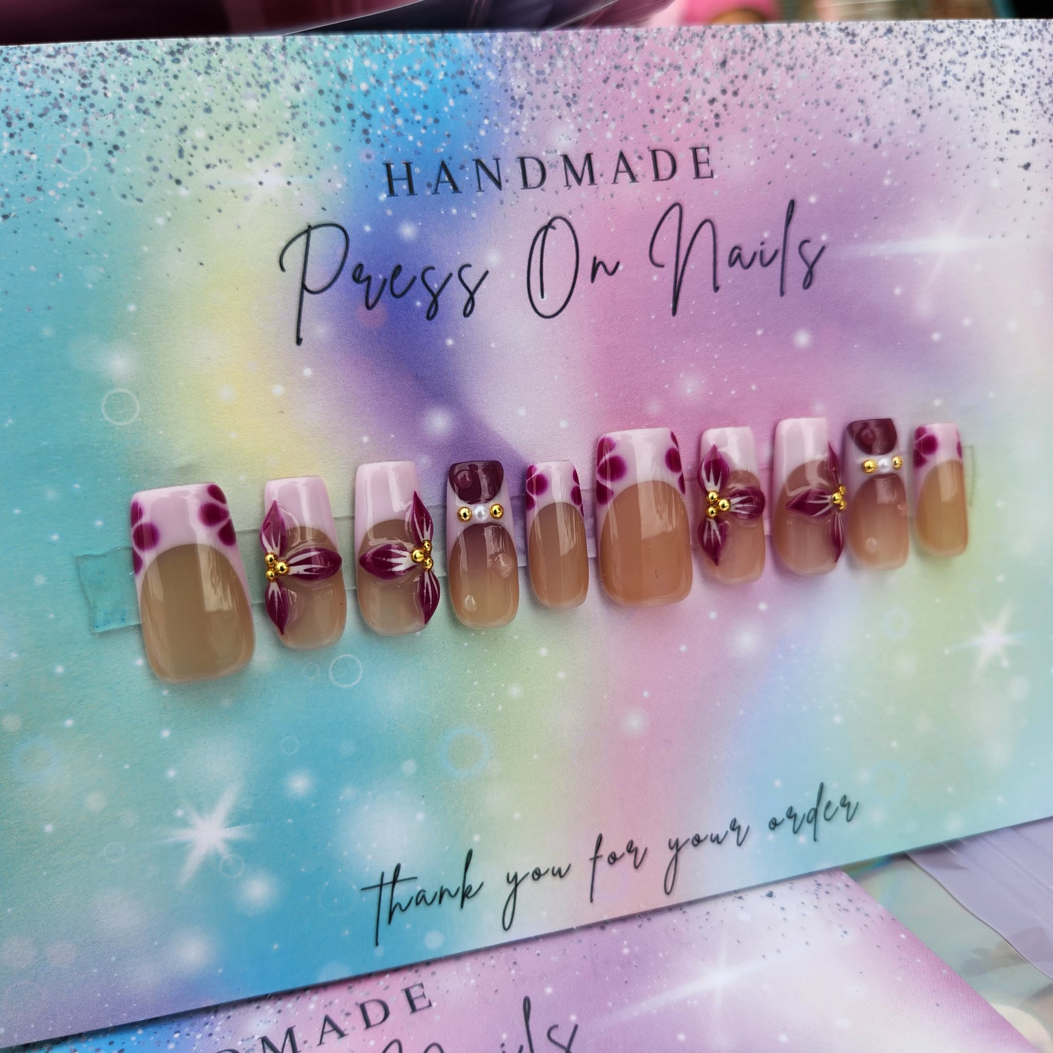 lilac purple floral gold beads press ons