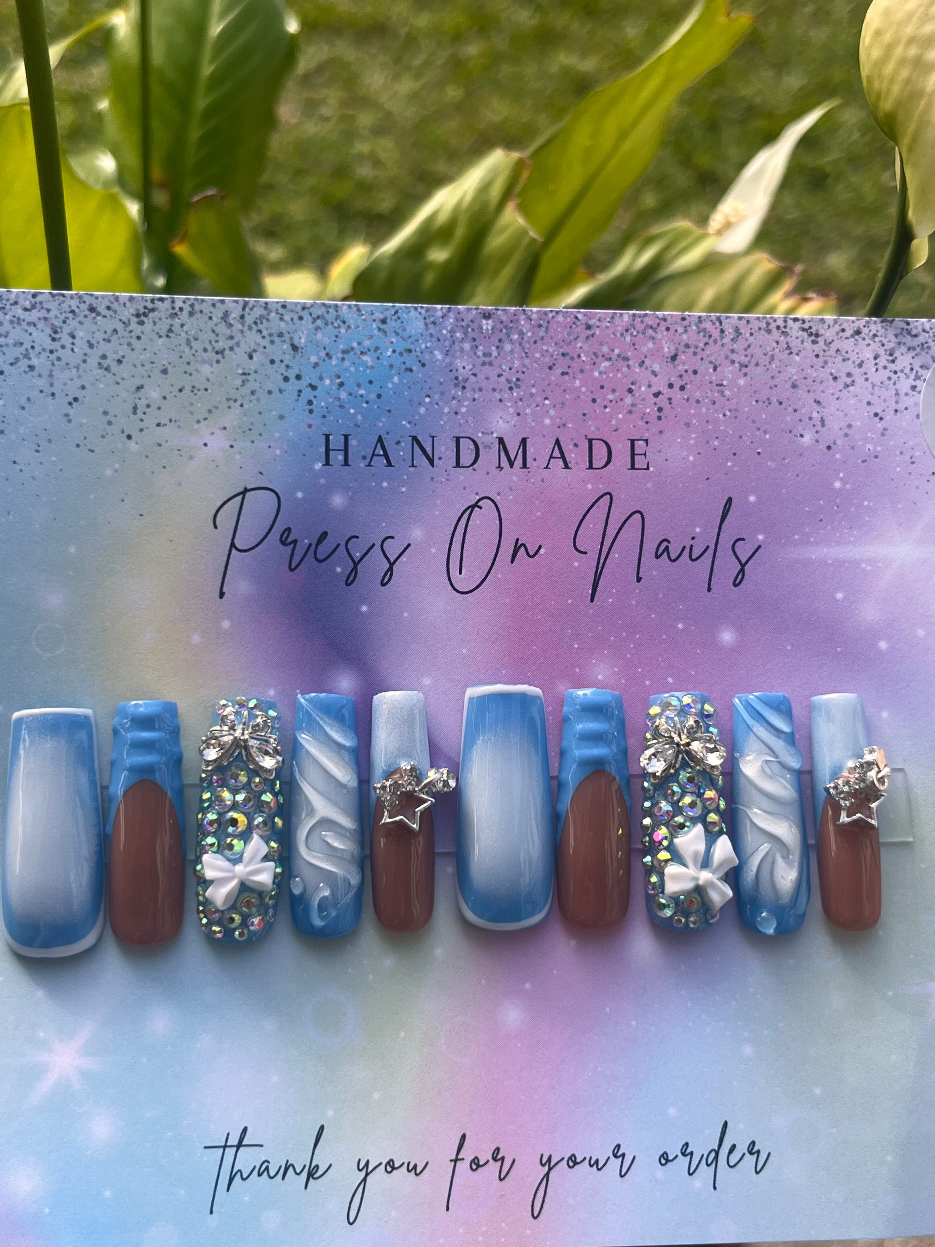Long baby blue blue French tip rhinestone bow star press ons