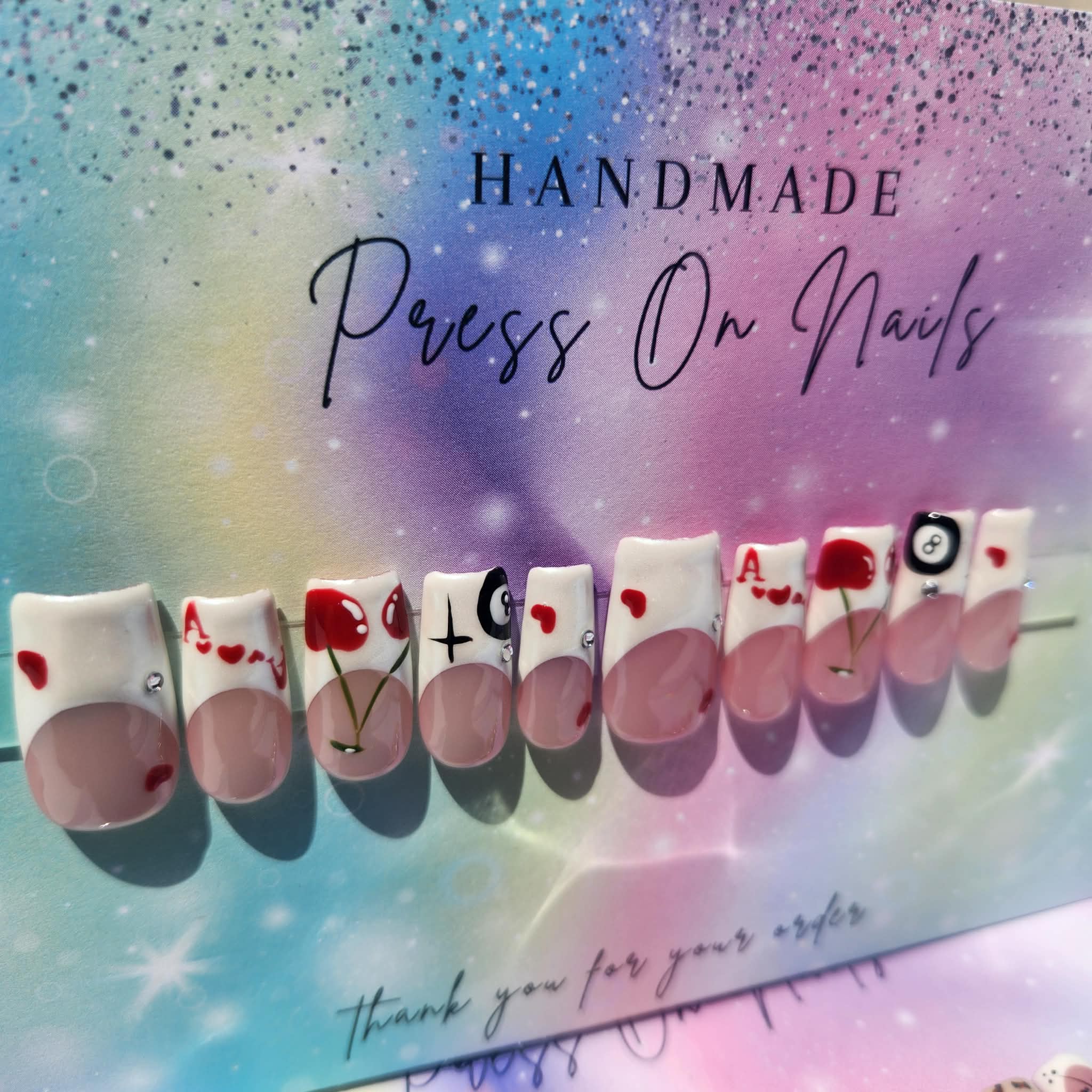 Shimmer white French tip heart A cherry 8ball press ons