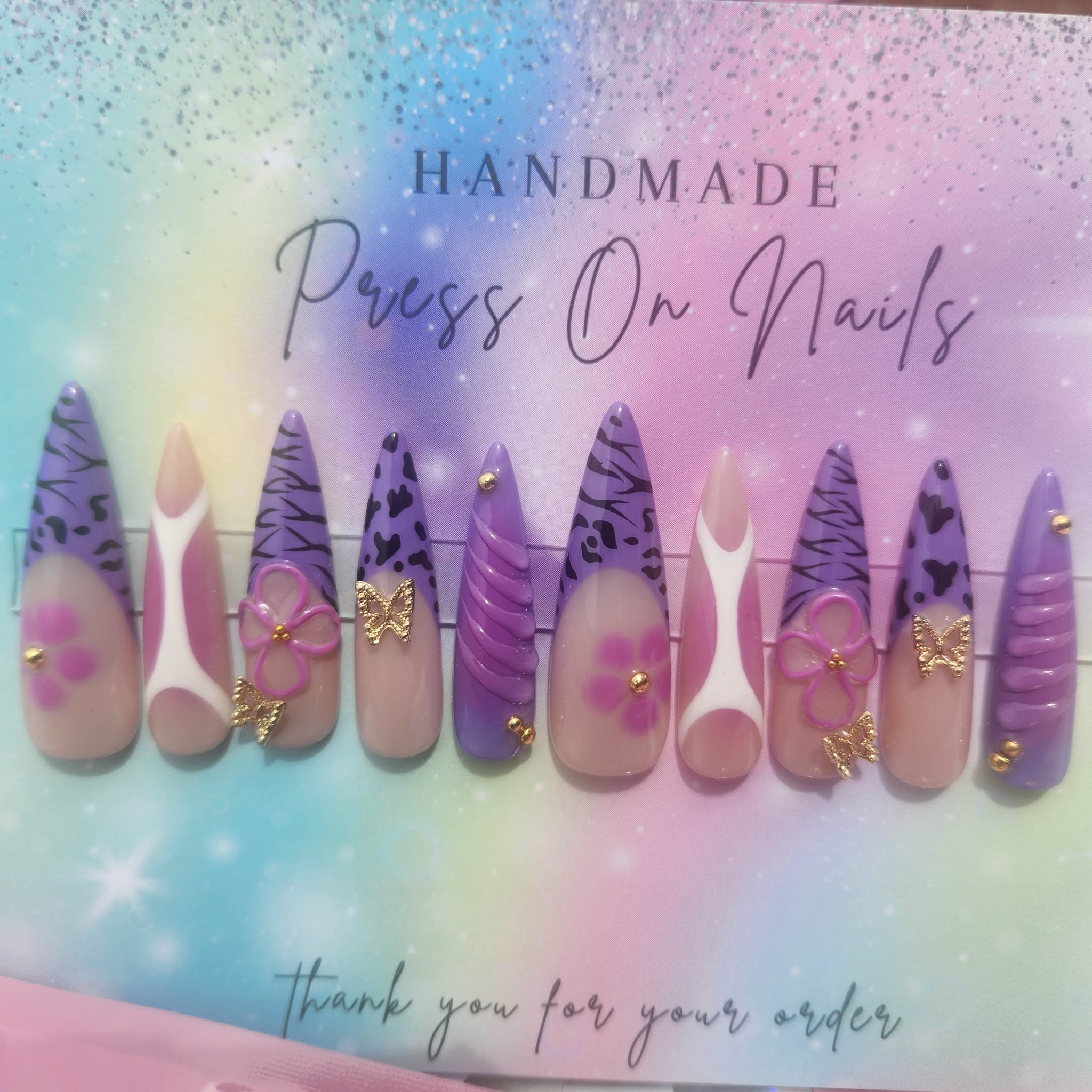 Handmade xxl pike stiletto gape floral white butterfly press ons