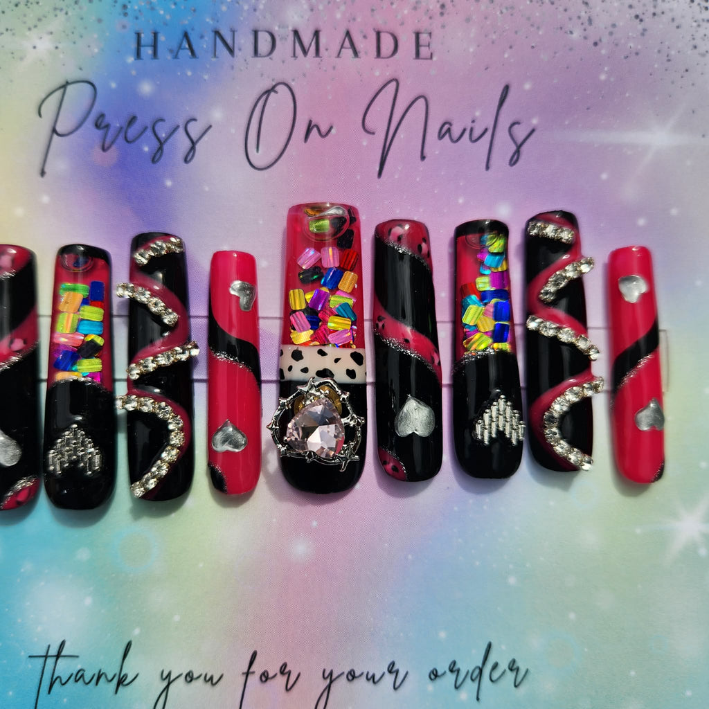 Luxury Pink and Black fidget spinning Aqua Moving Glitter Nails