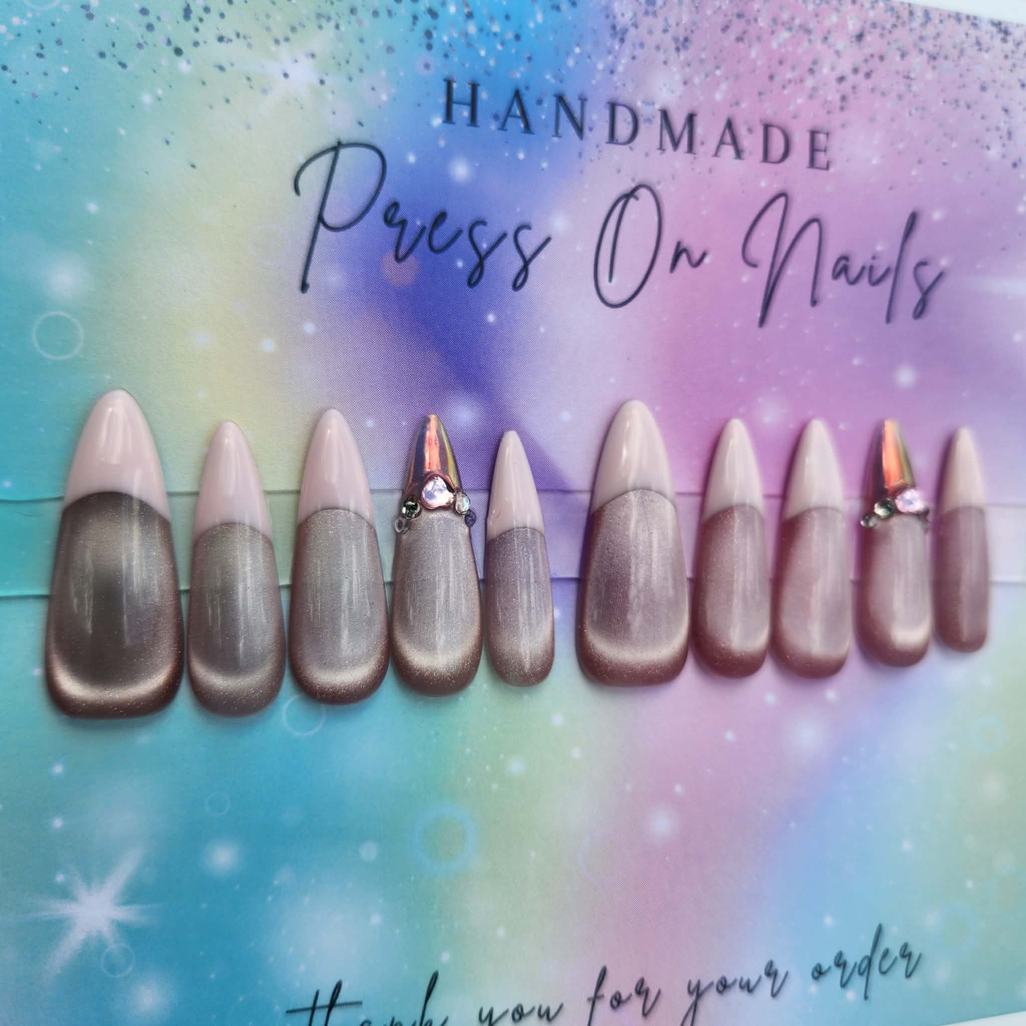 light weight baby pink cateye glitter chrome French tip press ons