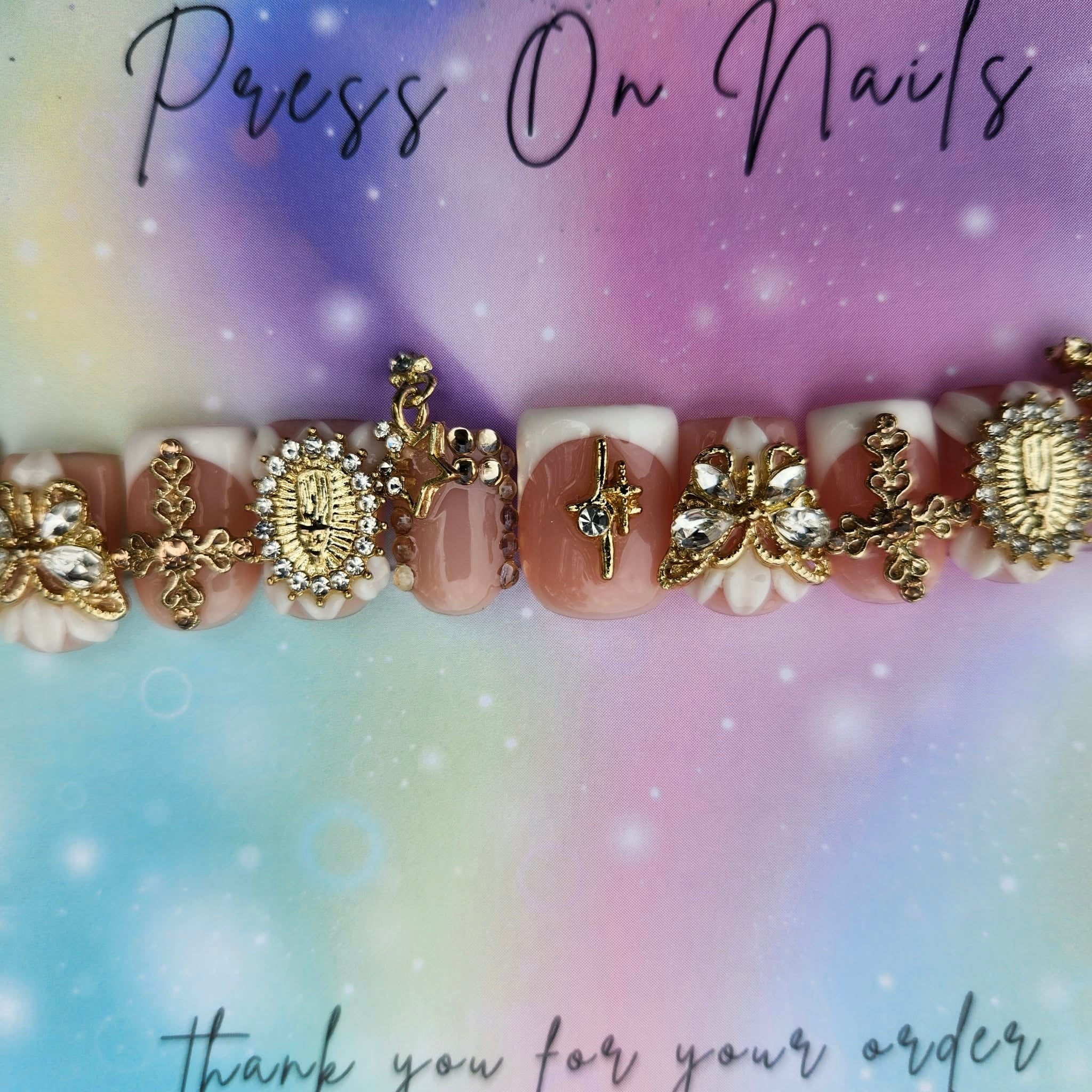 short square shape white French tip gold gem floral press ons