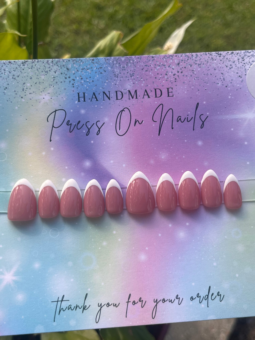 Short almond shape pink white French tip press ons