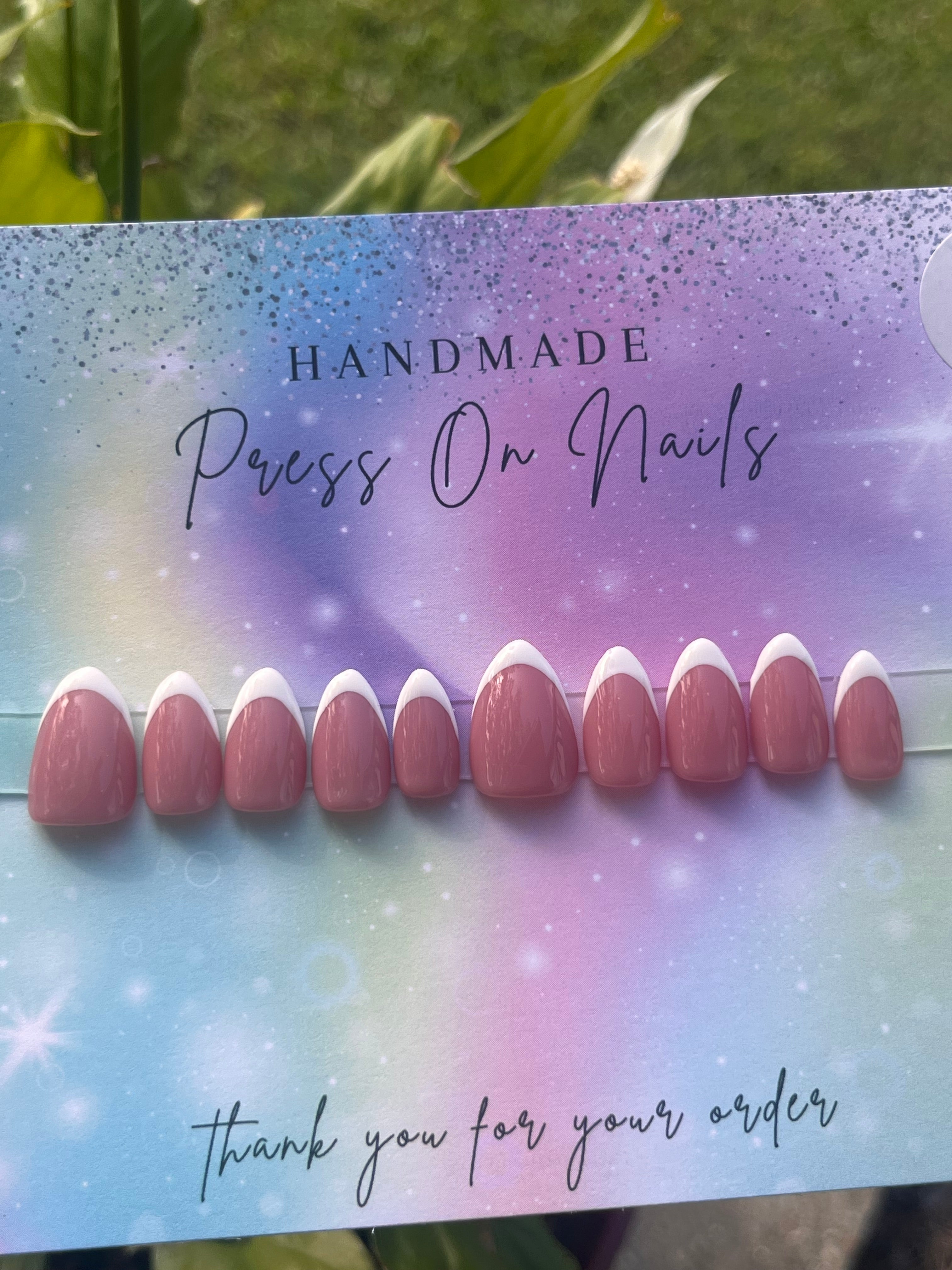 Short almond shape pink white French tip press ons
