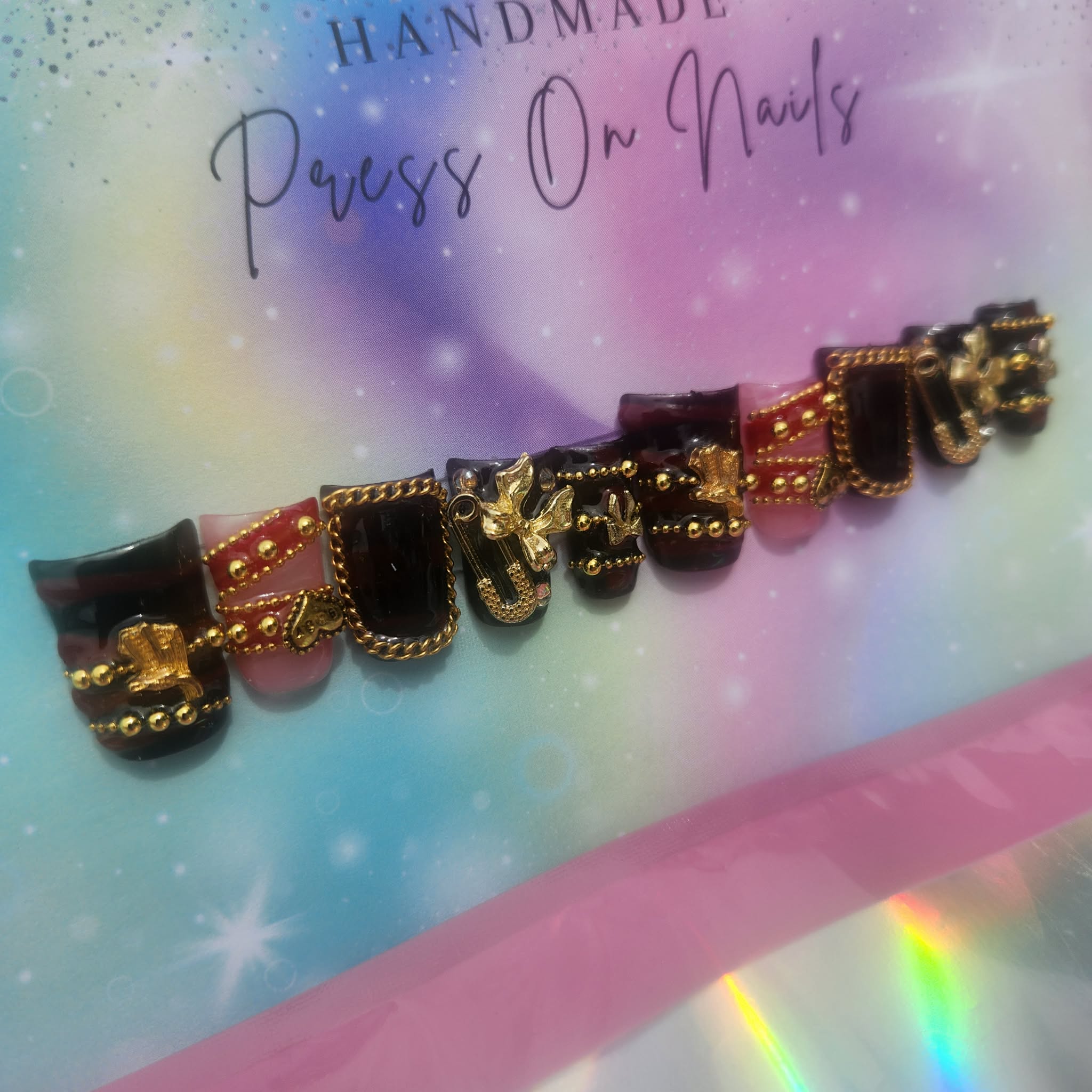 Handmade short duck shape black dark red burgundy gold beads bow chain press ons