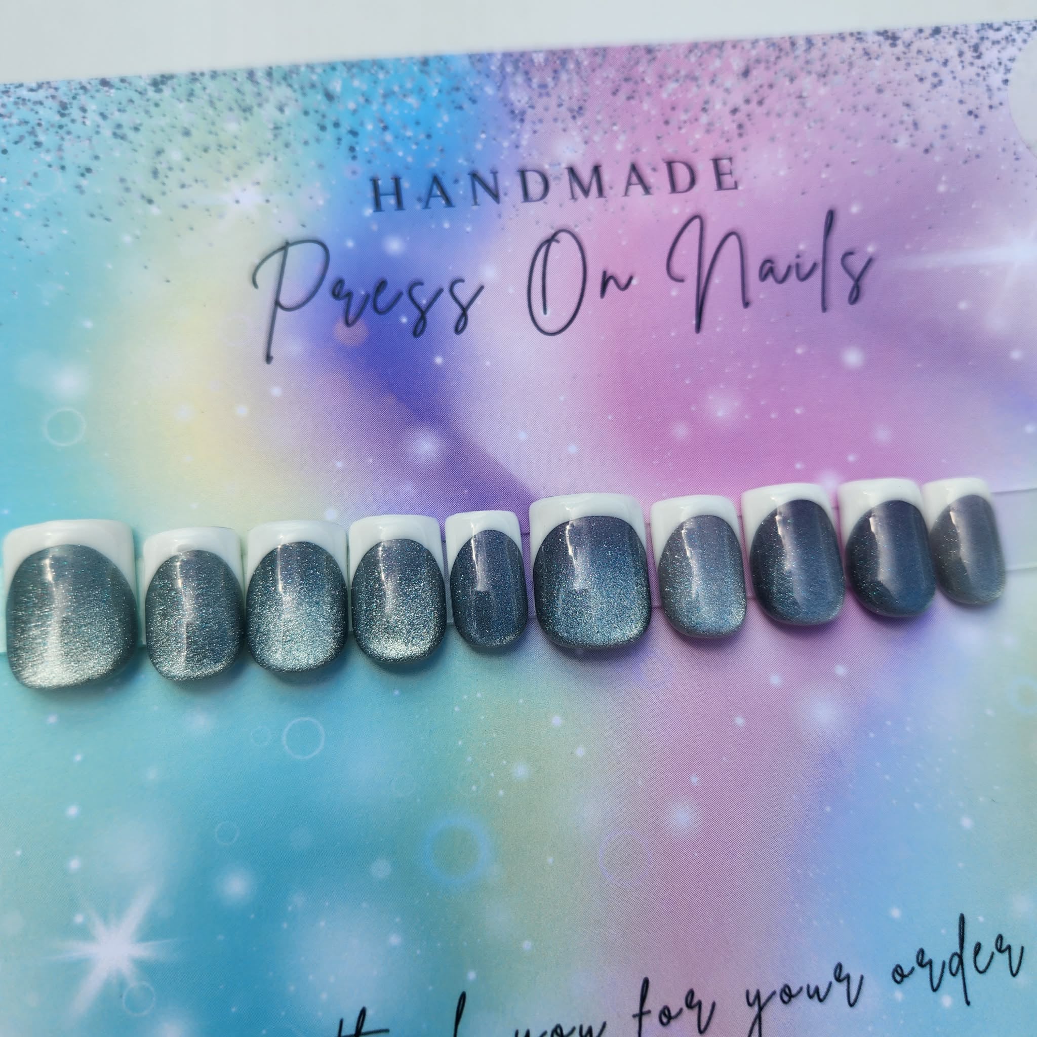 square shape white French tip cat eye grey glitter press ons