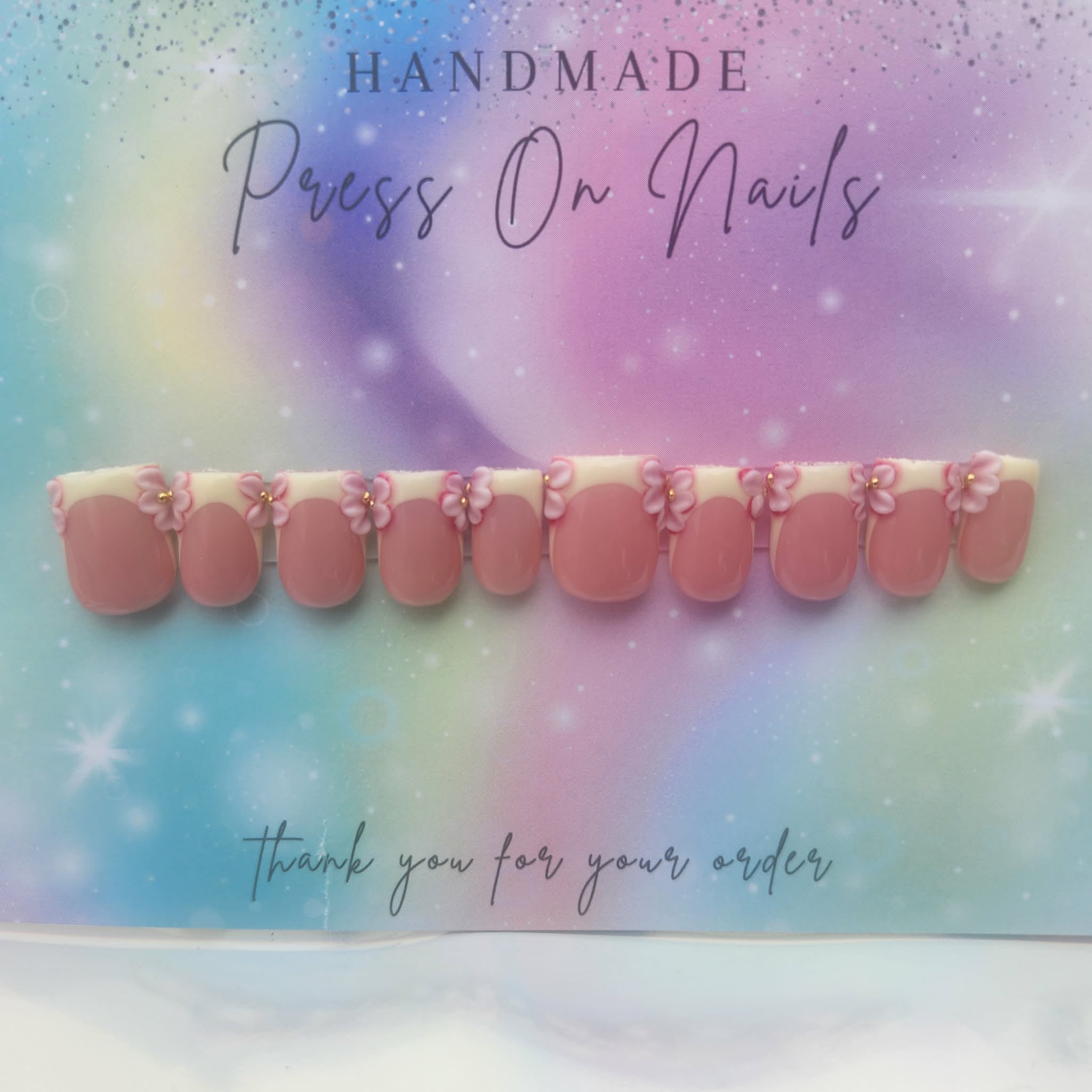 short square shape yellow French with pink 3d floral press ons