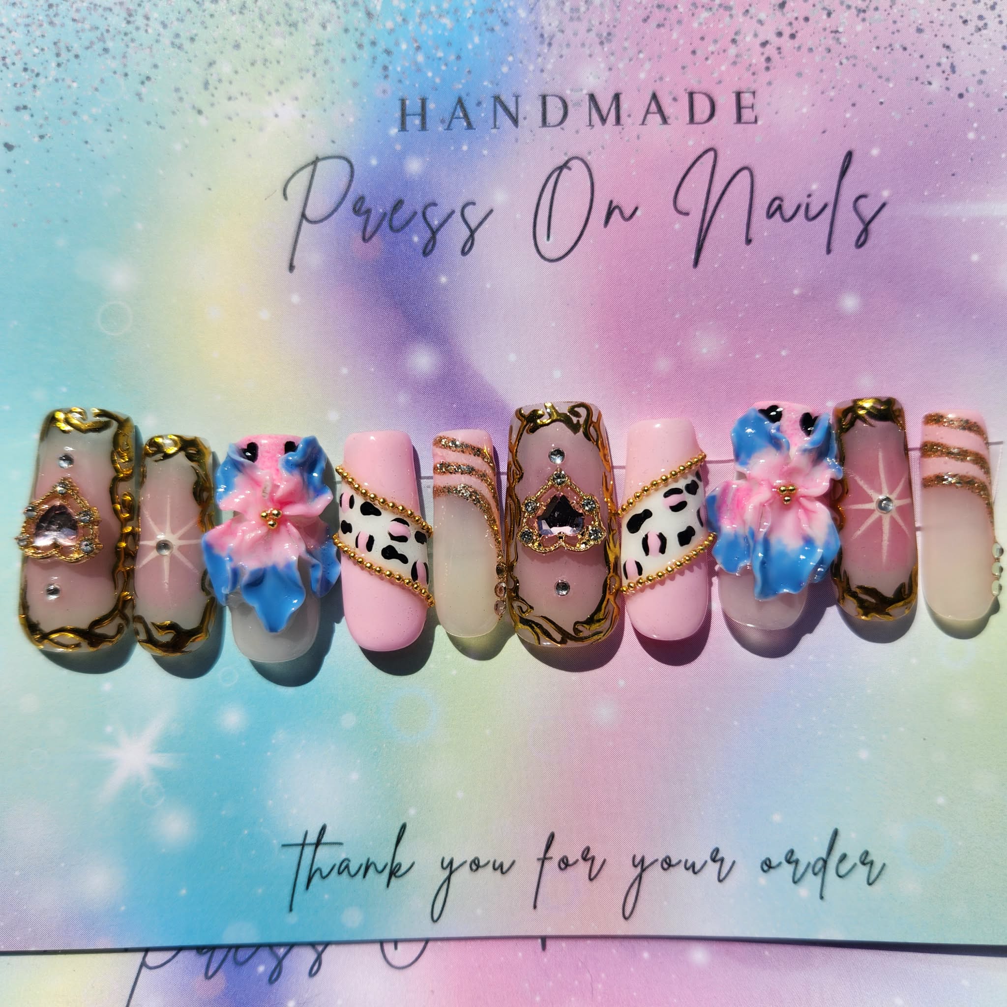 Long gold, chrome, heart crafted, blue, pink floral, light, pink pink leopard press ons