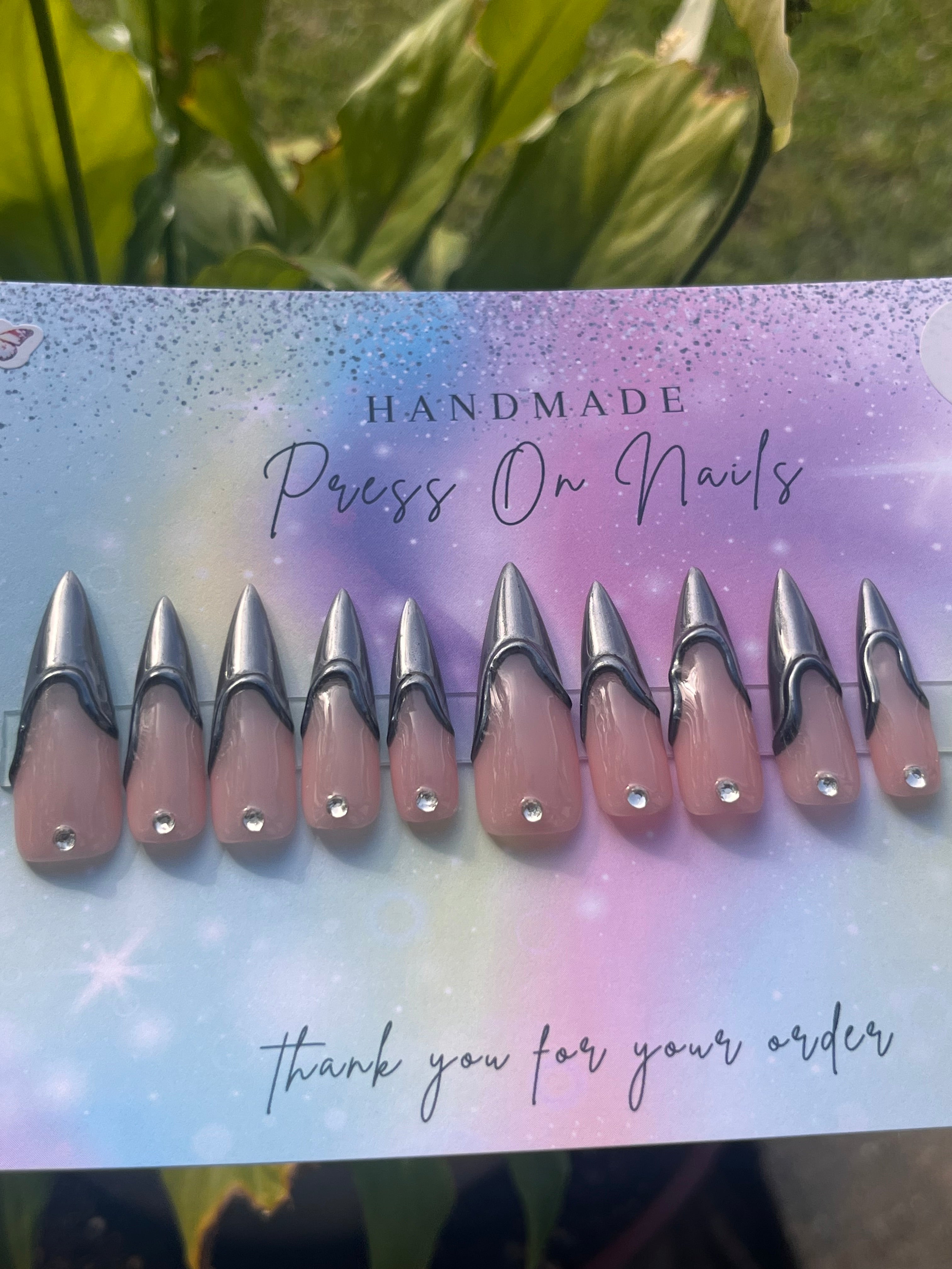 Xxl silver chrome stiletto shape French tip rhinestone press ons
