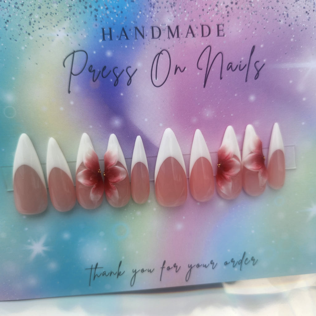 stiletto shape white French tip 3d floral press ons
