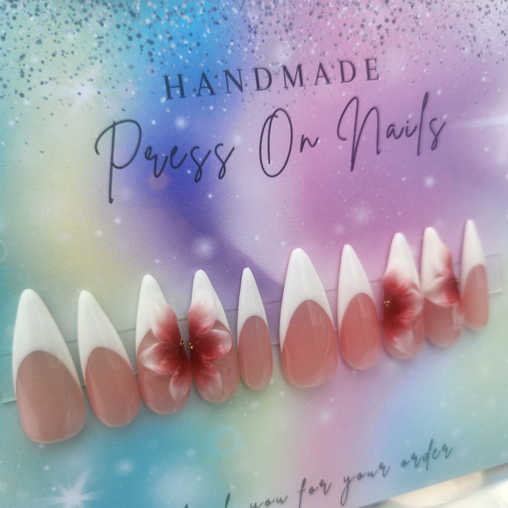stiletto shape white French tip 3d floral press ons
