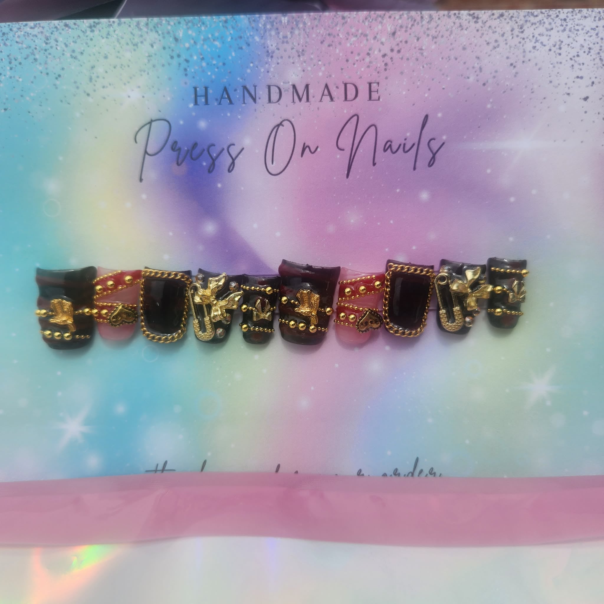 Handmade short duck shape black dark red burgundy gold beads bow chain press ons