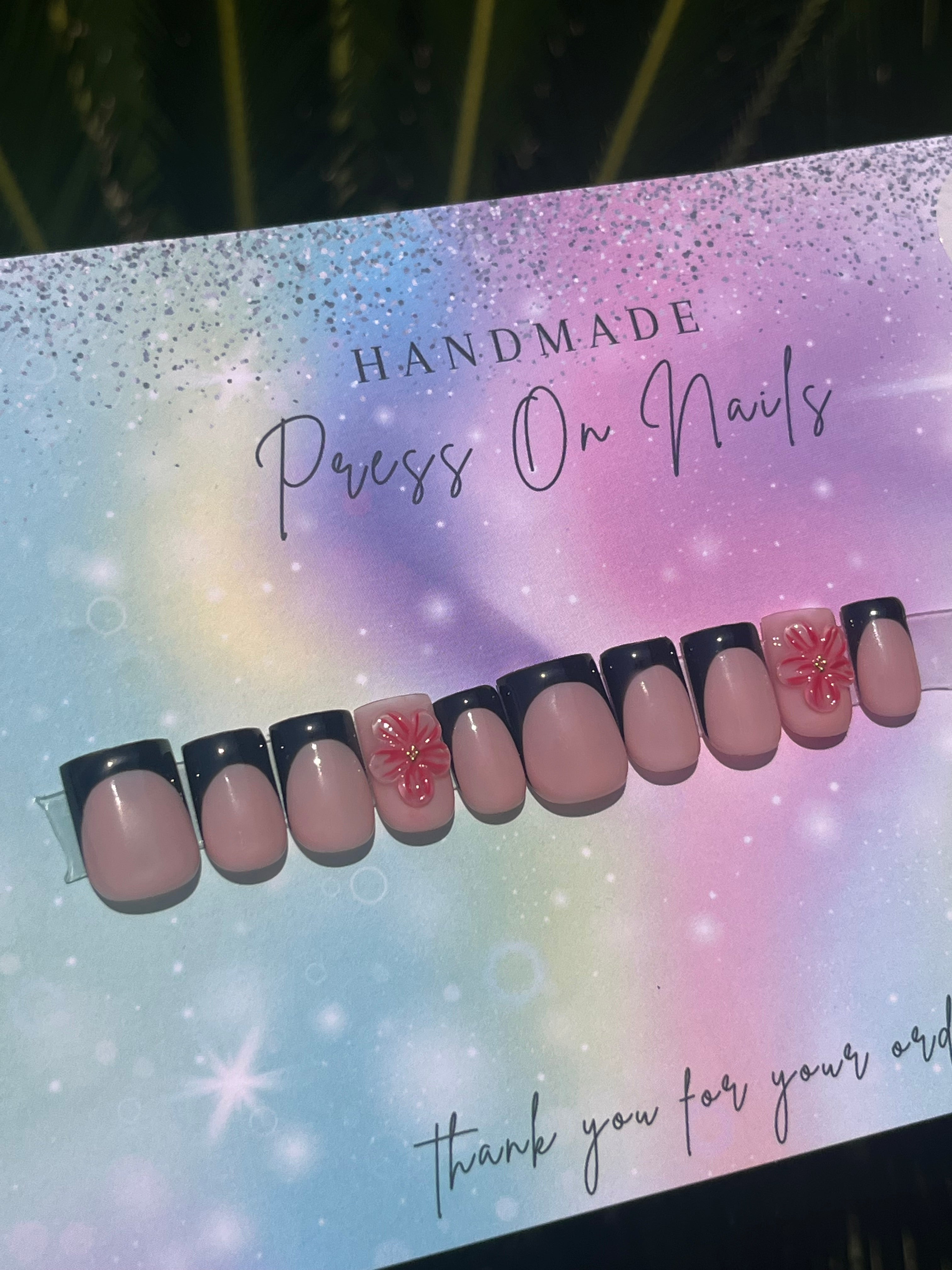 Short black square shape French tip 3d floral press ons