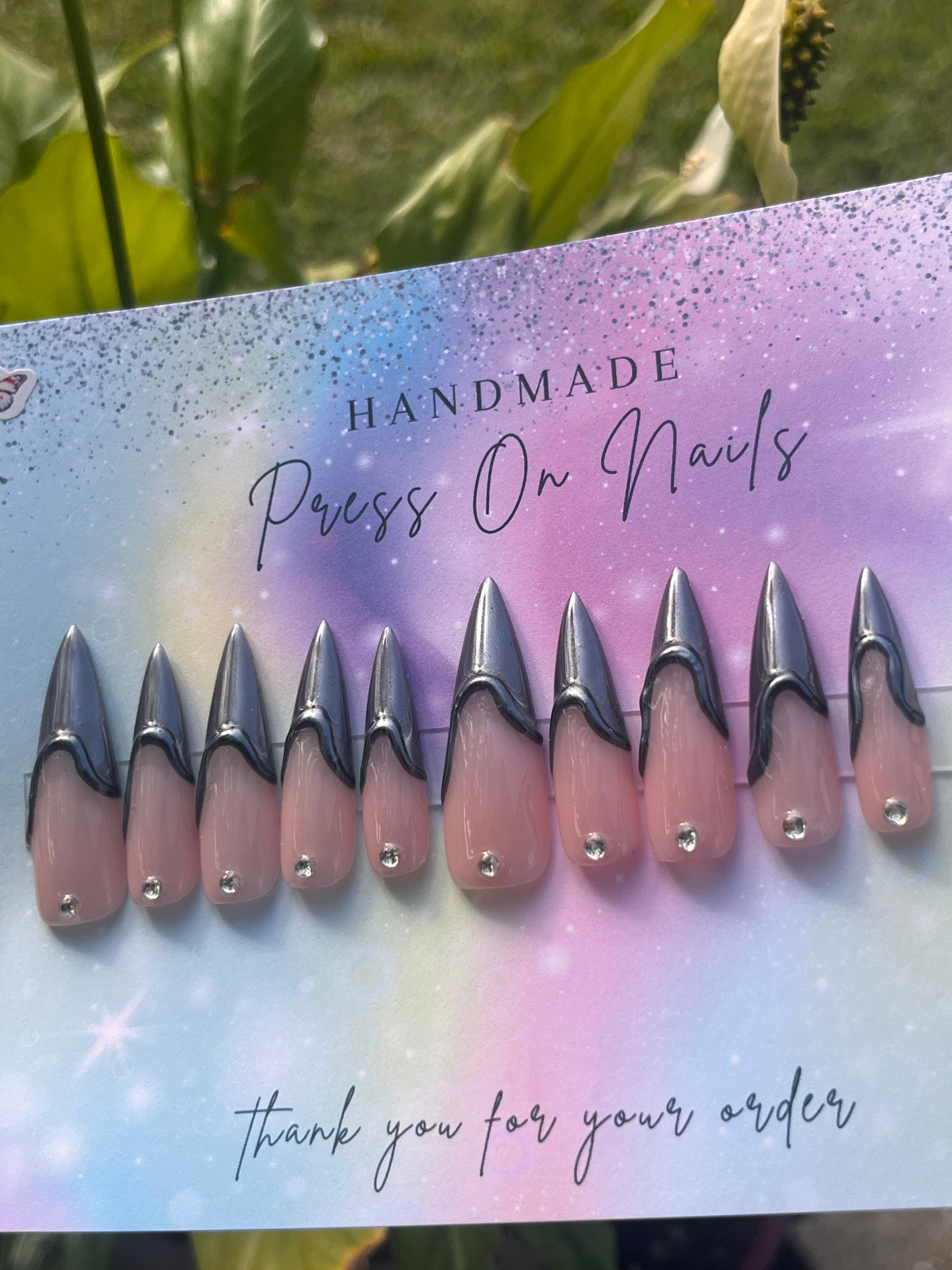 Xxl silver chrome stiletto shape French tip rhinestone press ons